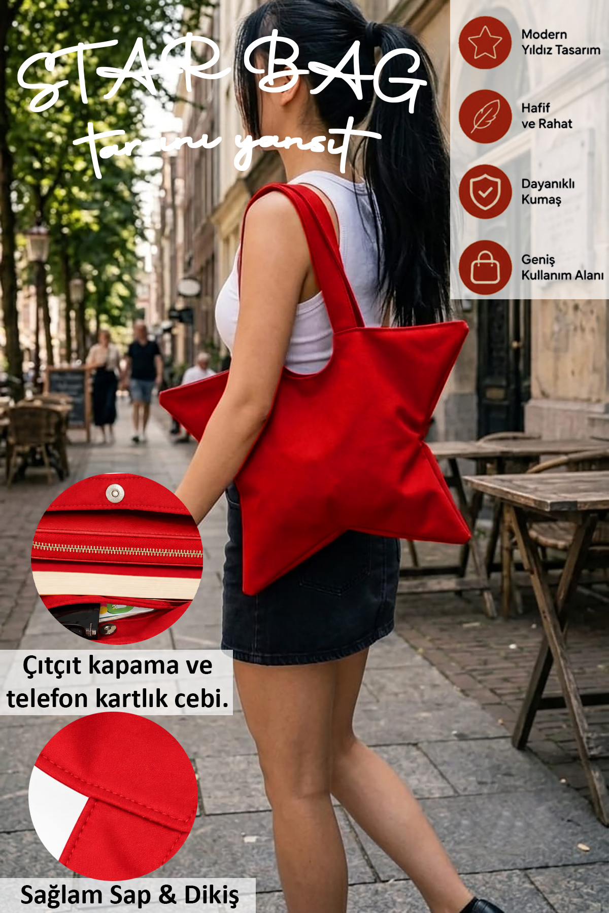 tuttobene STAR BAG Yıldız Çanta Çıtçıtlı İç Cepli Özel Tasarım Omuz Çantası Su geçirmez Leke Tutmaz TB052 görsel 2