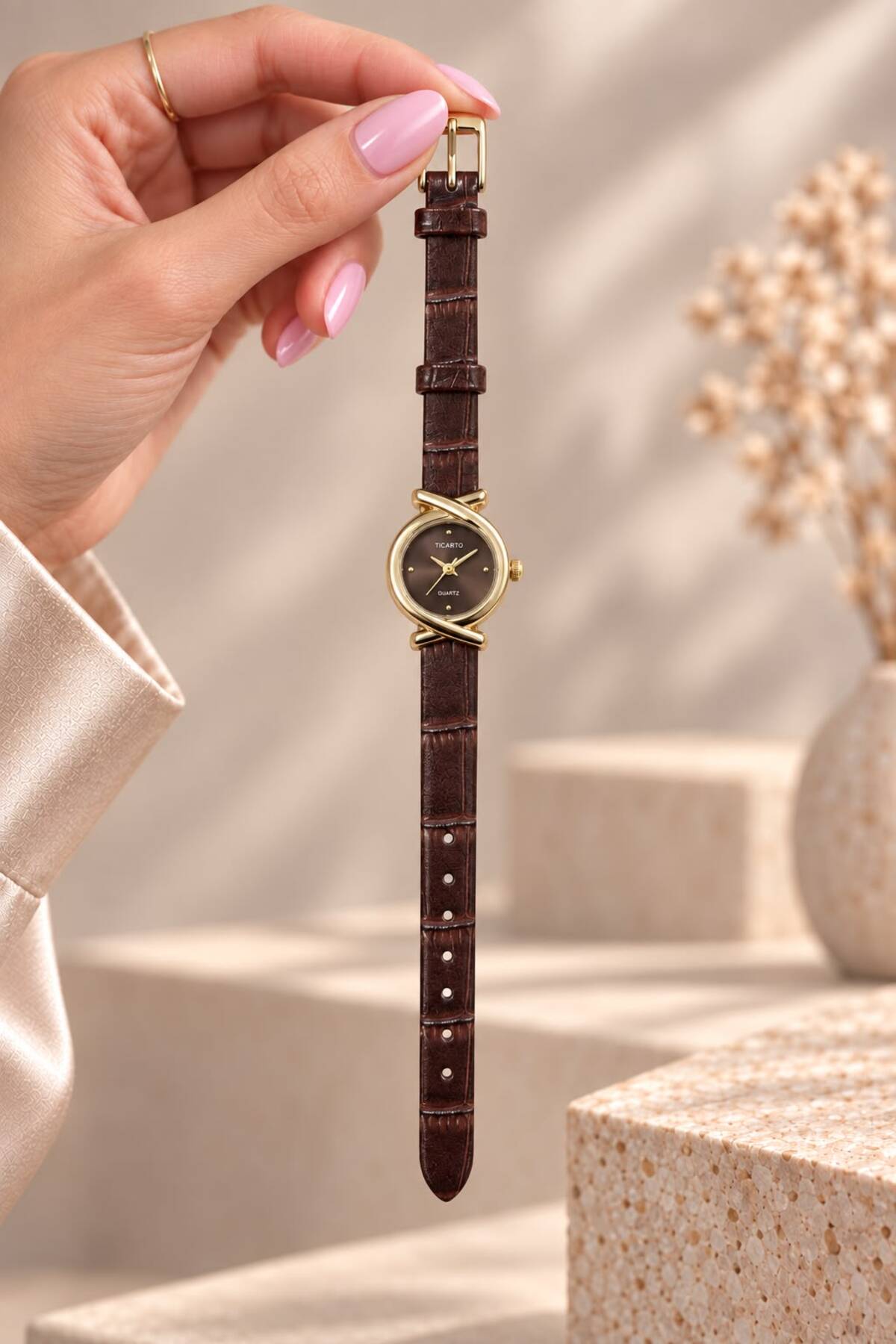 YUESSE Minimal Vintage Retro Siyah Kahve Krem Deri Kordon 22mm Kol Saati görsel 2