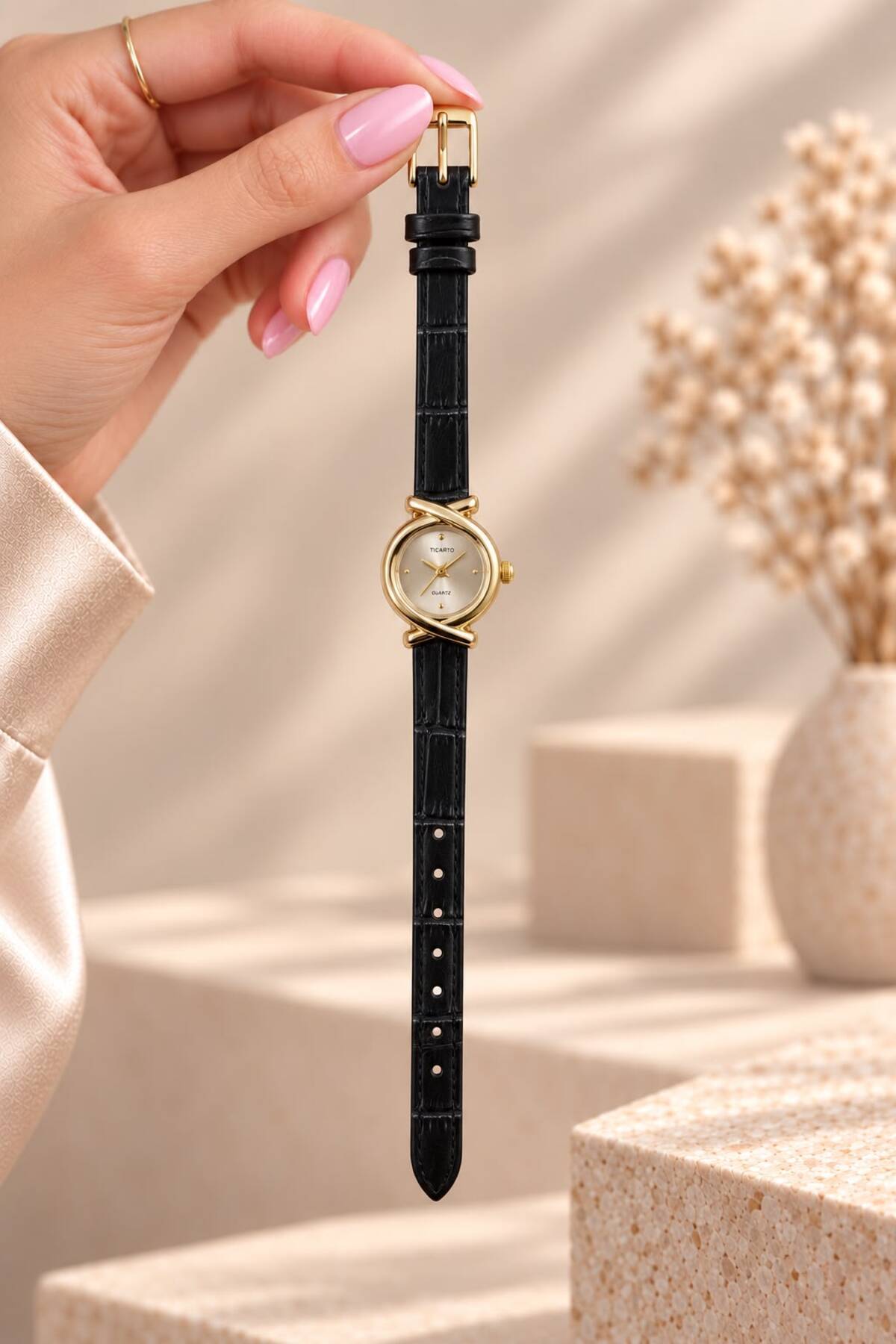 YUESSE Minimal Vintage Retro Siyah Kahve Krem Deri Kordon 22mm Kol Saati görsel 2