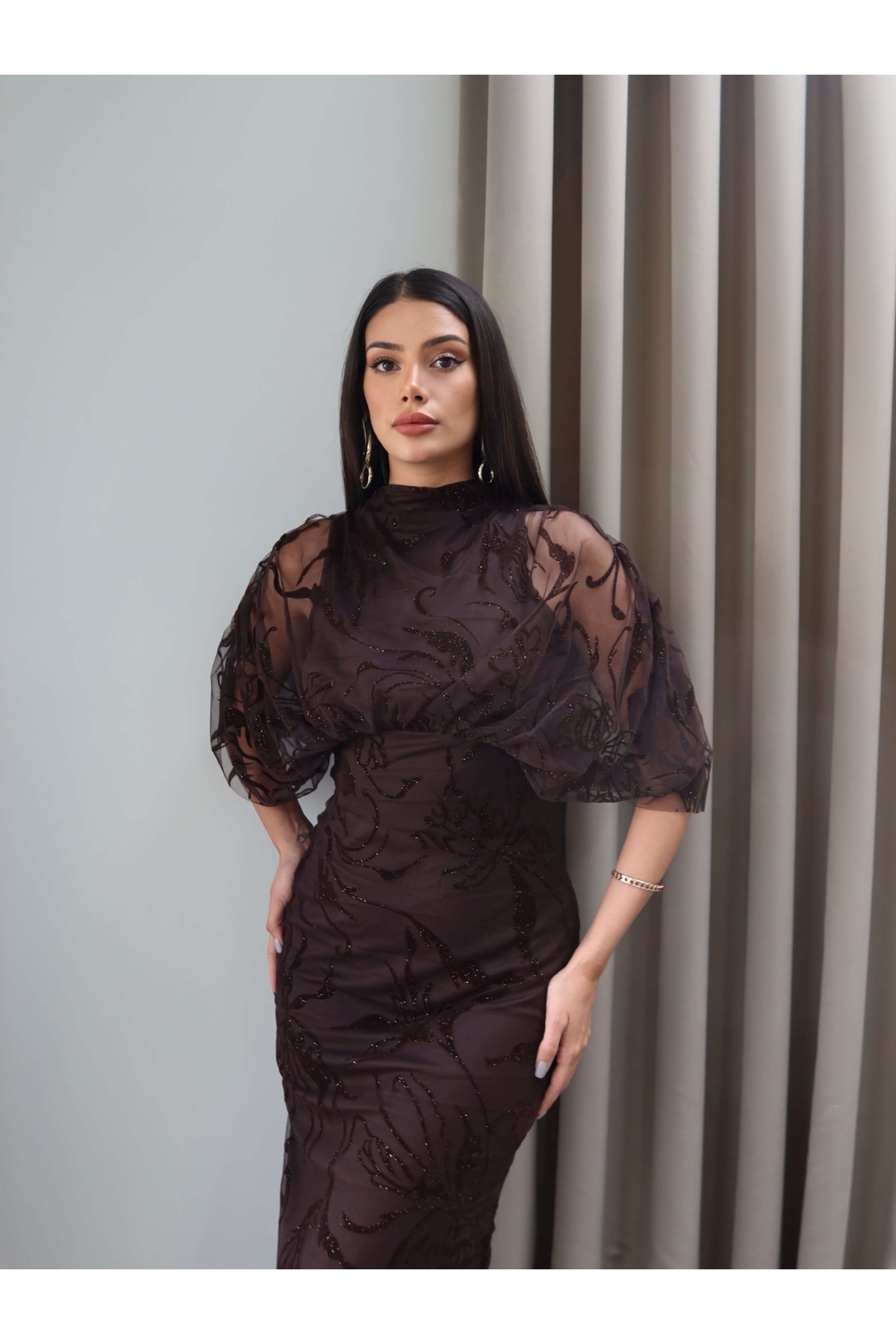ESRAHELVACI Varaklı Pelerin Detay Midi Elbise görsel 2