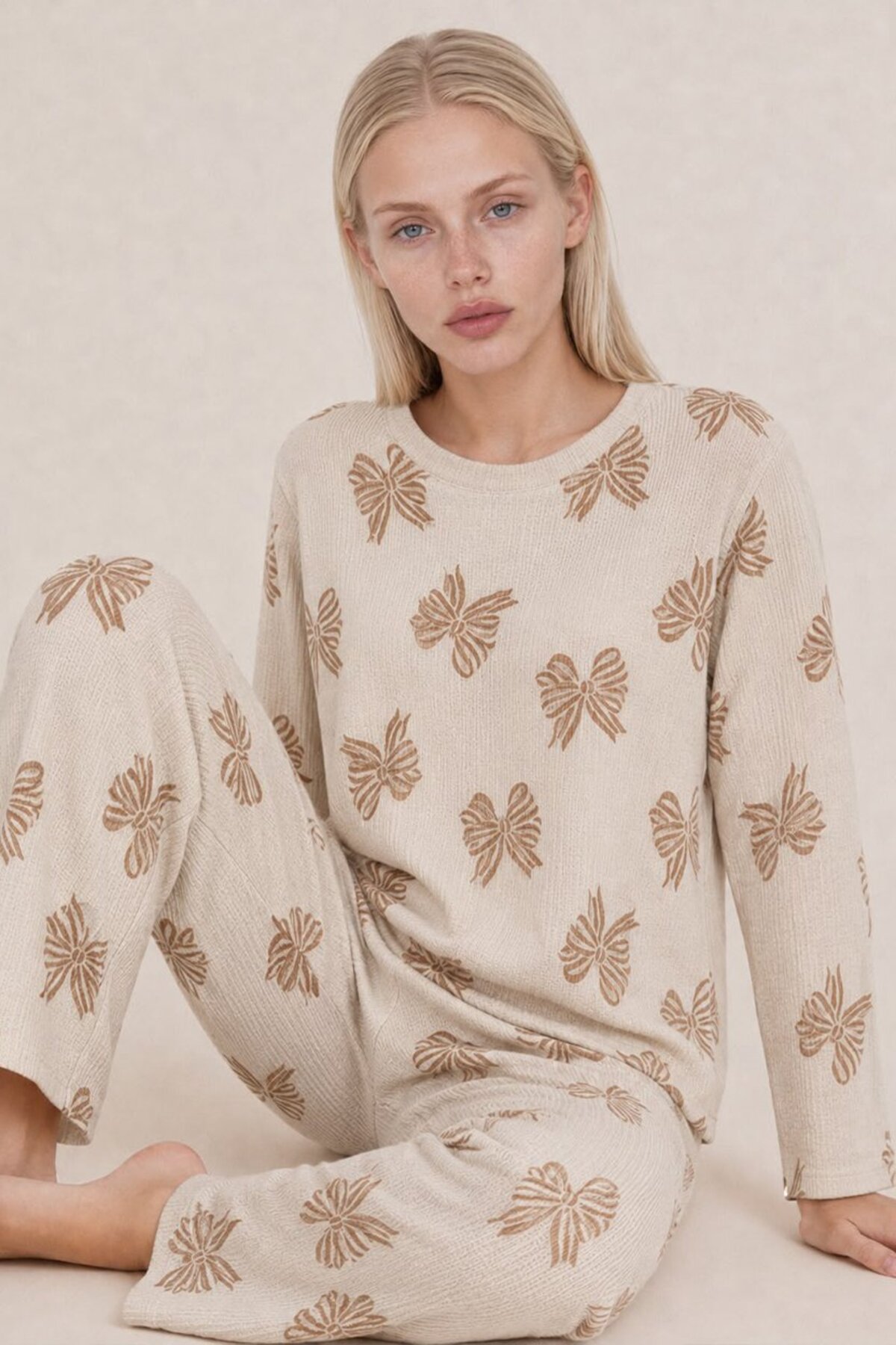 FİT WOMEN Kadın Desenli Uzun Kollu Krem Pijama Takımı 4762 görsel 3