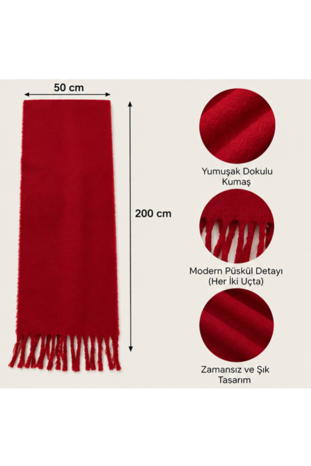 elden co Kırmızı Renk Yumuşak Dokulu Püsküllü Uzun Atkı / Şal 50x200 cm görsel 3