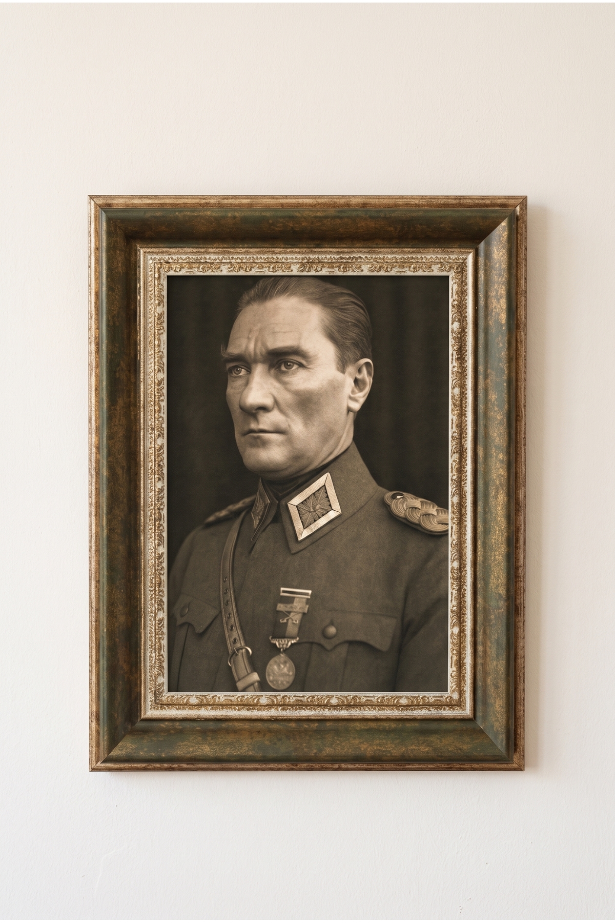Atatürk Tablosu, Çerçeveli, Camlı, Ayaklı, Kaliteli Baskı Dekoratif Duvar ve Masaüstü Tablosu – Bronz Yeşili