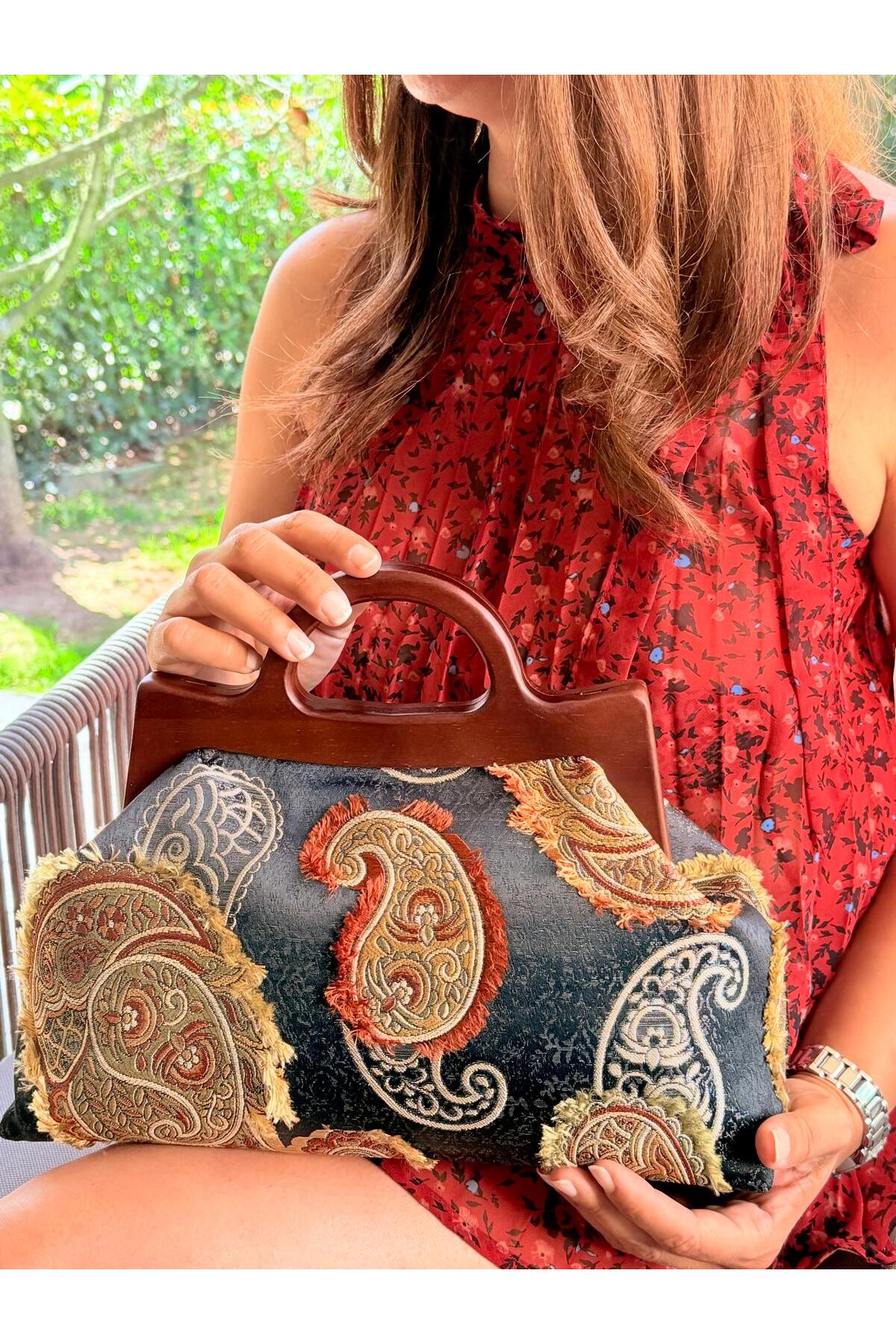 JOPHIEL ATELIER Cassiel - Ahşap Burslu Kumaş Portföy Çanta, Clutch, El Çantası görsel 8