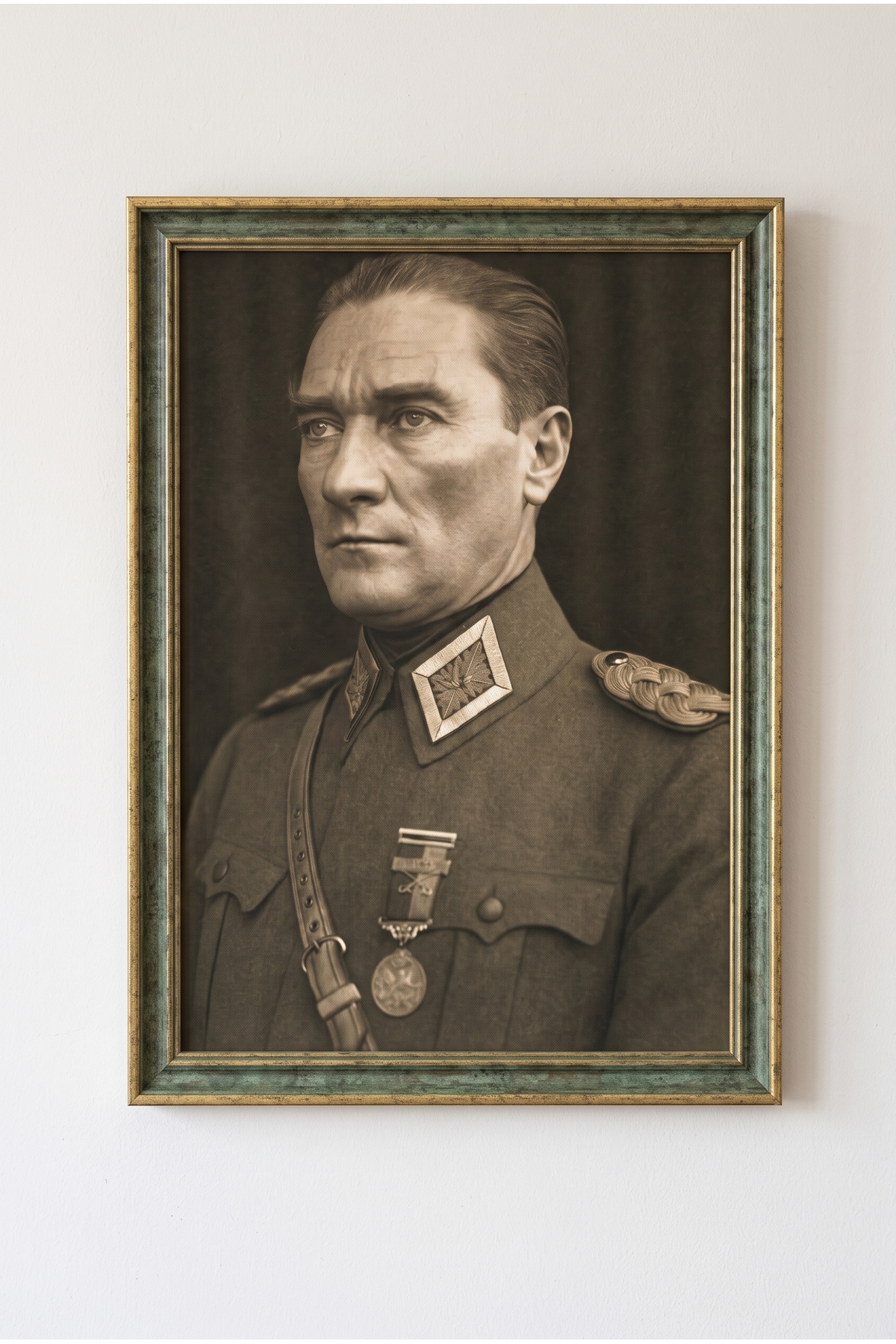 Atatürk Tablosu, Çerçeveli, Camlı, Ayaklı, Kaliteli Baskı Dekoratif Duvar ve Masaüstü Tablosu – Antik Desenli Yeşil