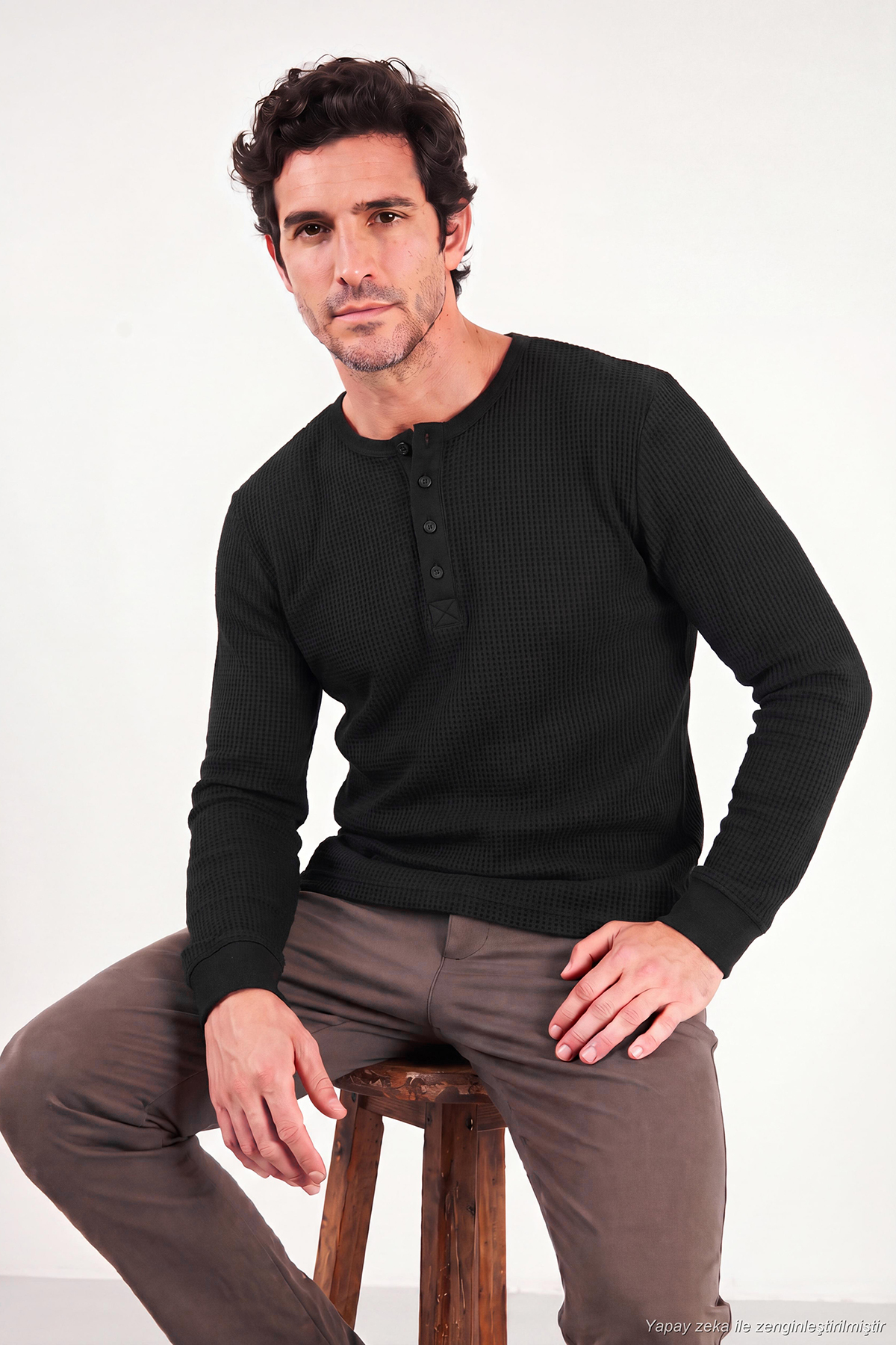 Pamuklu Regular Fit Düğmeli Bisiklet Yaka Sweat Erkek SWEAT 5905852 — مشکی — تصویر 5 از 7