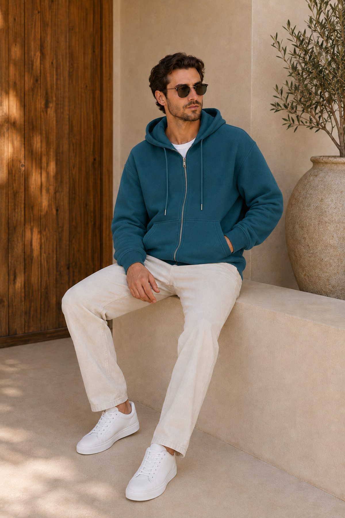 Premium Unisex Kapüşonlu Fermuarlı Cepli Üç İplik Oversize Hırka Sweatshirt — آبی FECCY-HIRKA-01 — تصویر 4 از 5