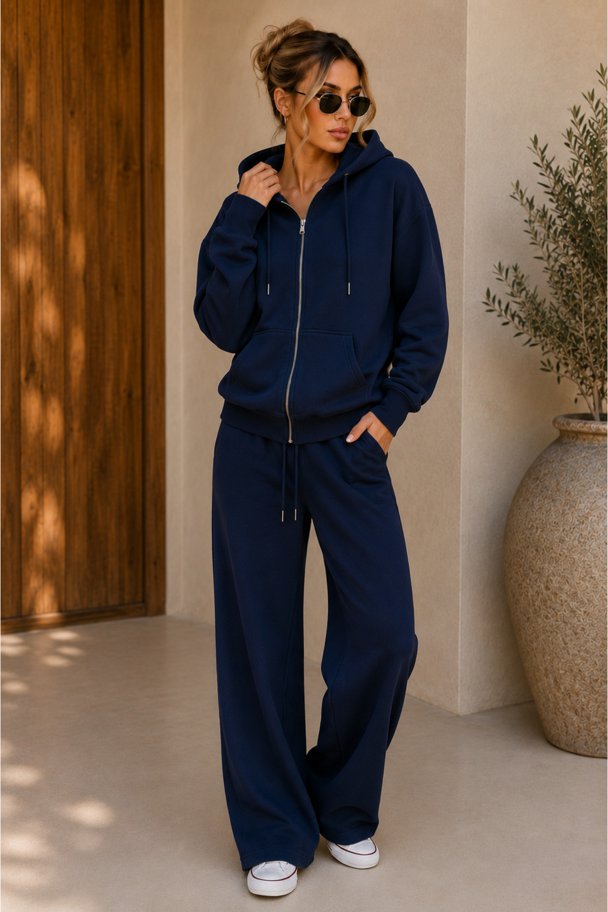 Premium Unisex Kapüşonlu Fermuarlı Cepli Üç İplik Oversize Hırka Sweatshirt — سرمه‌ای FECCY-HIRKA-01 — تصویر 3 از 5