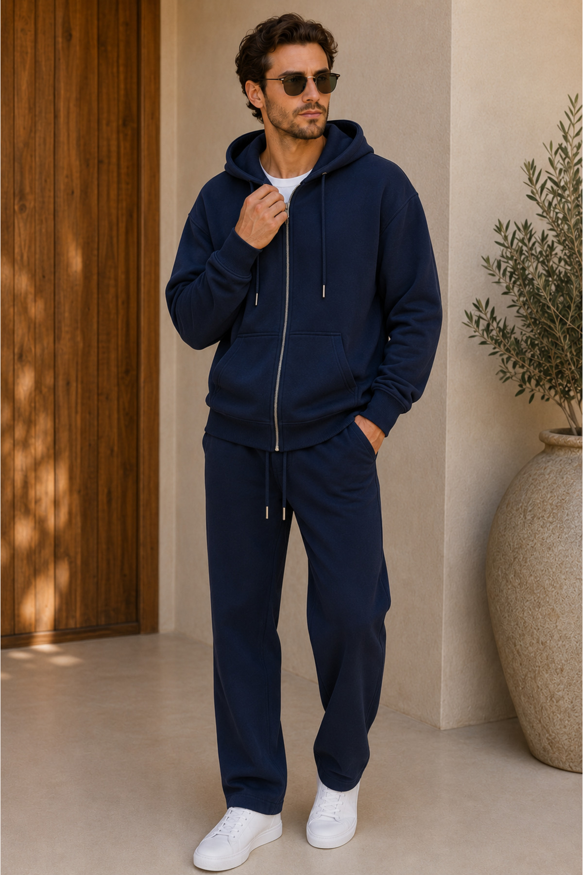 Premium Unisex Kapüşonlu Fermuarlı Cepli Üç İplik Oversize Hırka Sweatshirt — سرمه‌ای FECCY-HIRKA-01 — تصویر 2 از 5