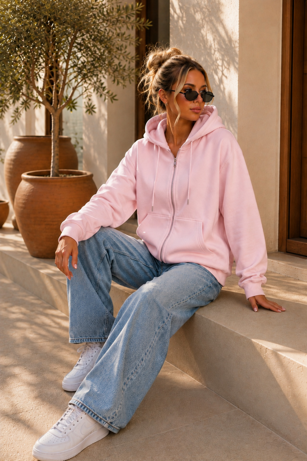 Premium Unisex Kapüşonlu Fermuarlı Cepli Üç İplik Oversize Hırka Sweatshirt — صورتی FECCY-HIRKA-01 — تصویر 2 از 3