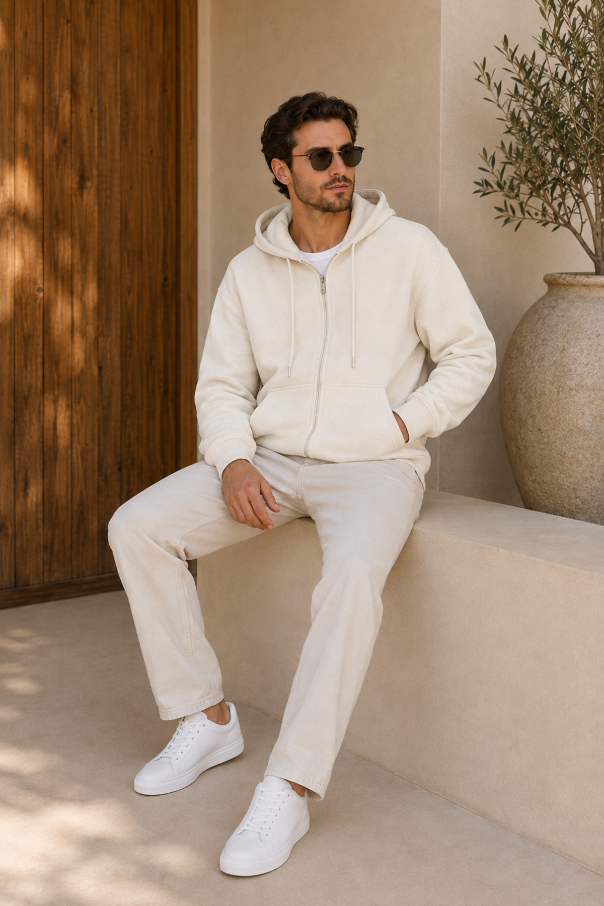 Premium Unisex Kapüşonlu Fermuarlı Cepli Üç İplik Oversize Hırka Sweatshirt — سفید FECCY-HIRKA-01 — تصویر 4 از 5