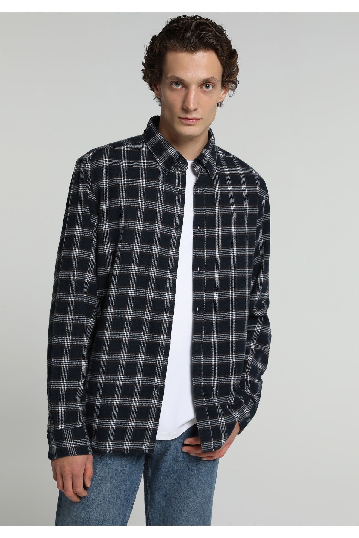 Regular Fit Shirt Neck Ekoseli Erkek Lacivert Uzun Kol Gömlek