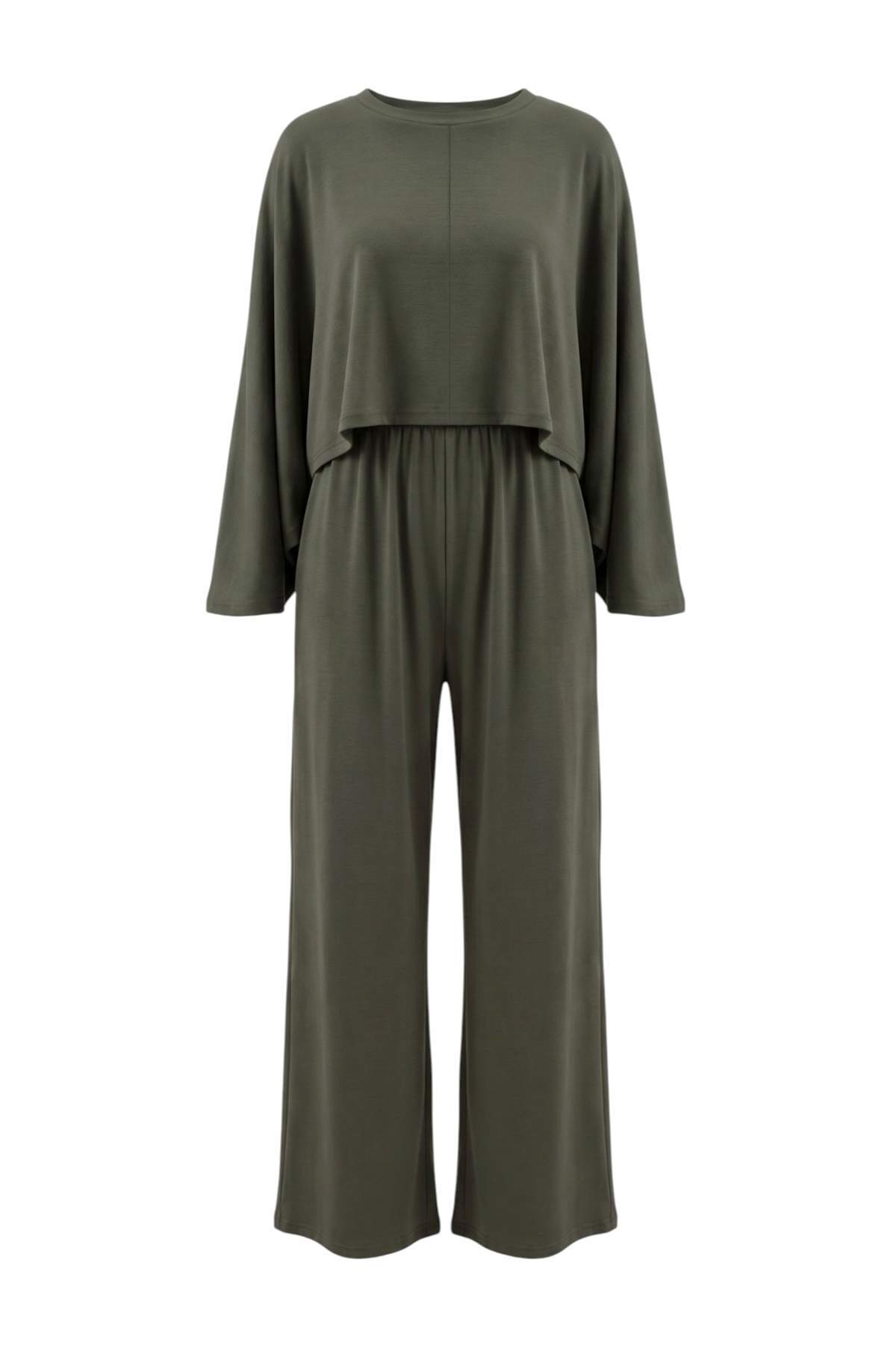Trendyolmilla Haki Düz Oversize/Geniş Kalıp Geniş Paça Soft/Yumuşak Dokunuşlu Örme Alt - Üst Takım TWOAW27AU00128