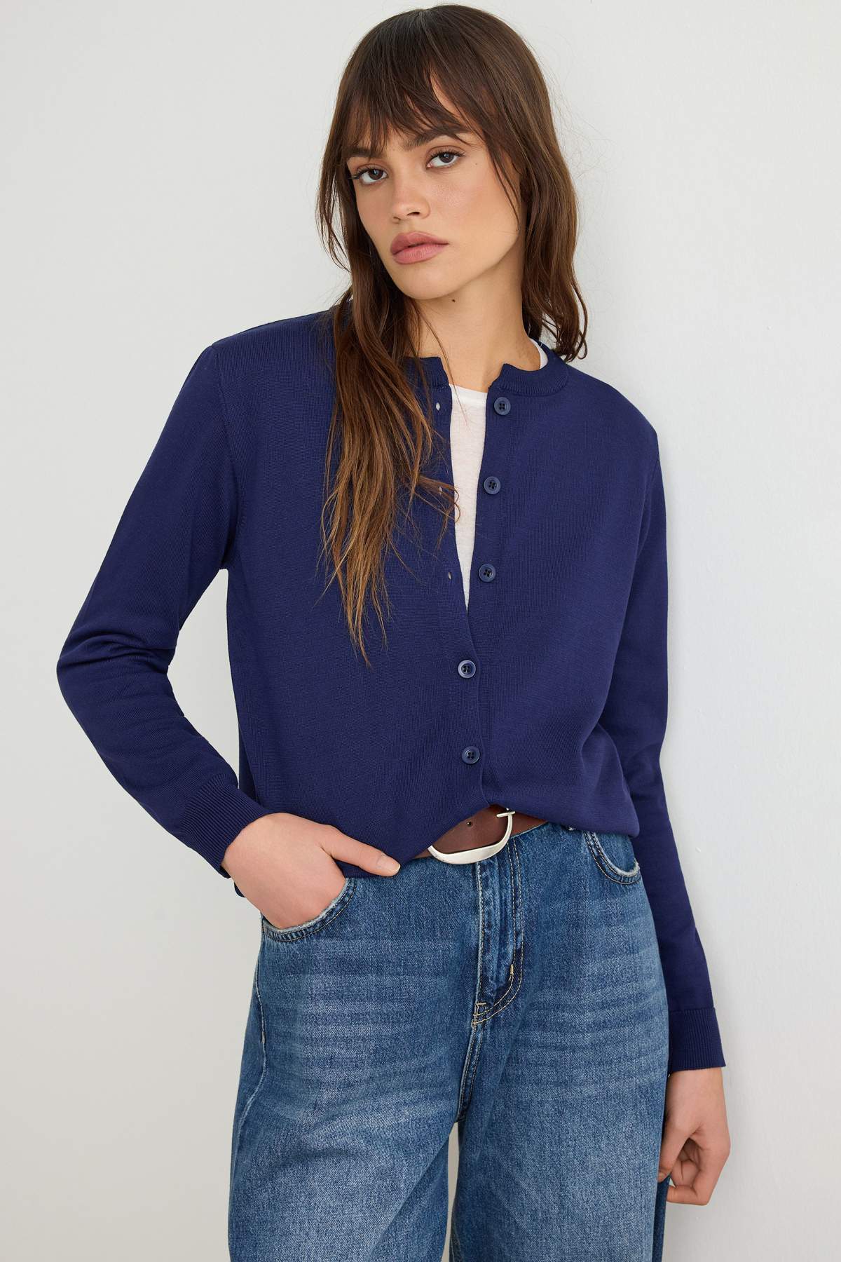 Trendyolmilla Lacivert More Sustainable Basic Bisiklet Yaka Triko Hırka TWOAW27HI00180