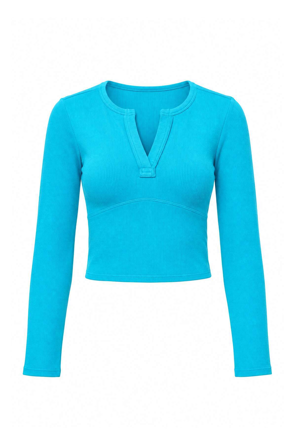 Trendyolmilla Turkuaz Düz Fitted Kaçık Yaka Crop/Kısa Pamuklu Kaşkorse Örme Bluz TWOAW27BZ00072