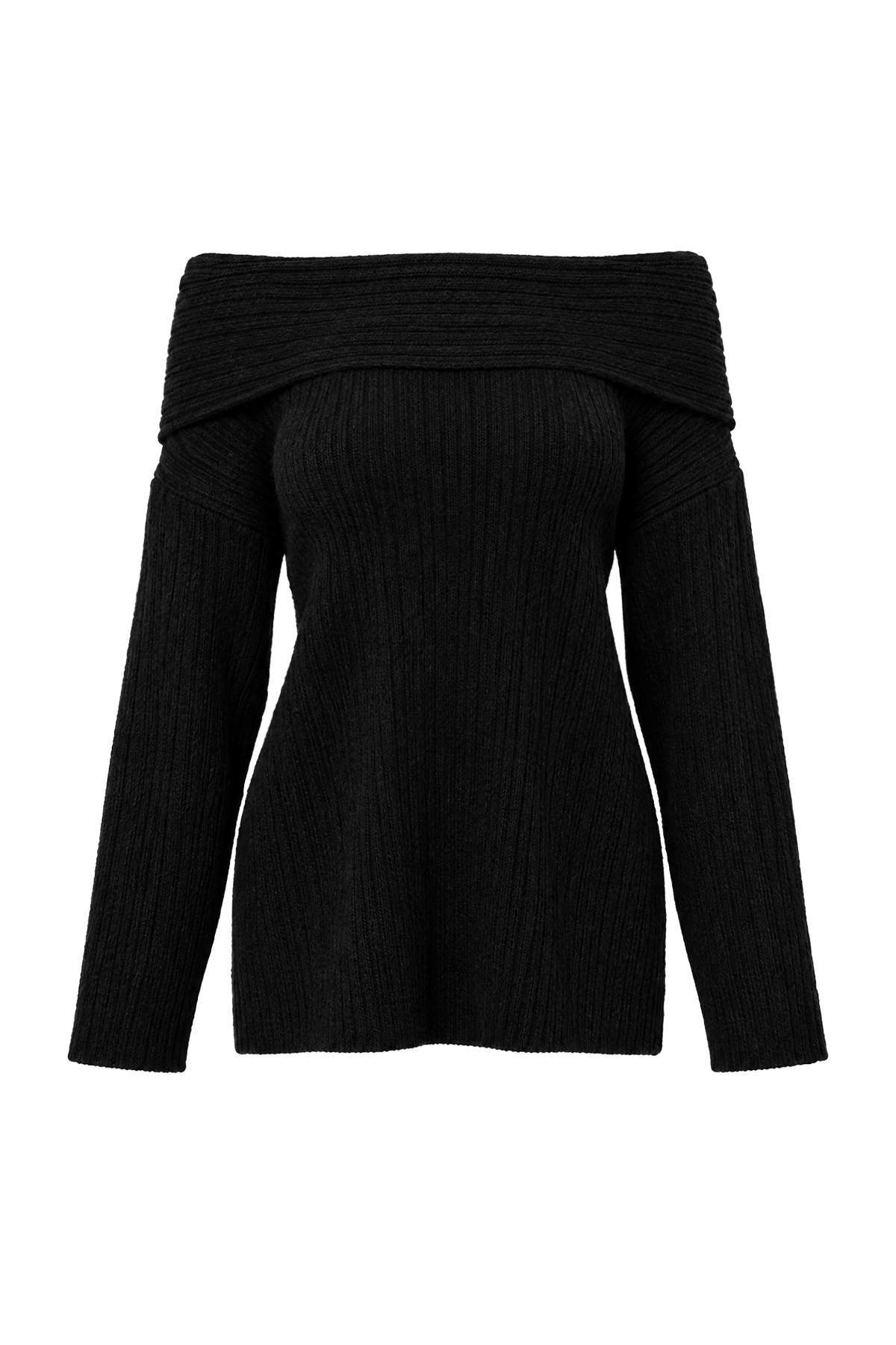 Trendyolmilla Curve Siyah Yumuşak Dokulu Carmen Yaka Triko Kazak TBBAW25AN00002
