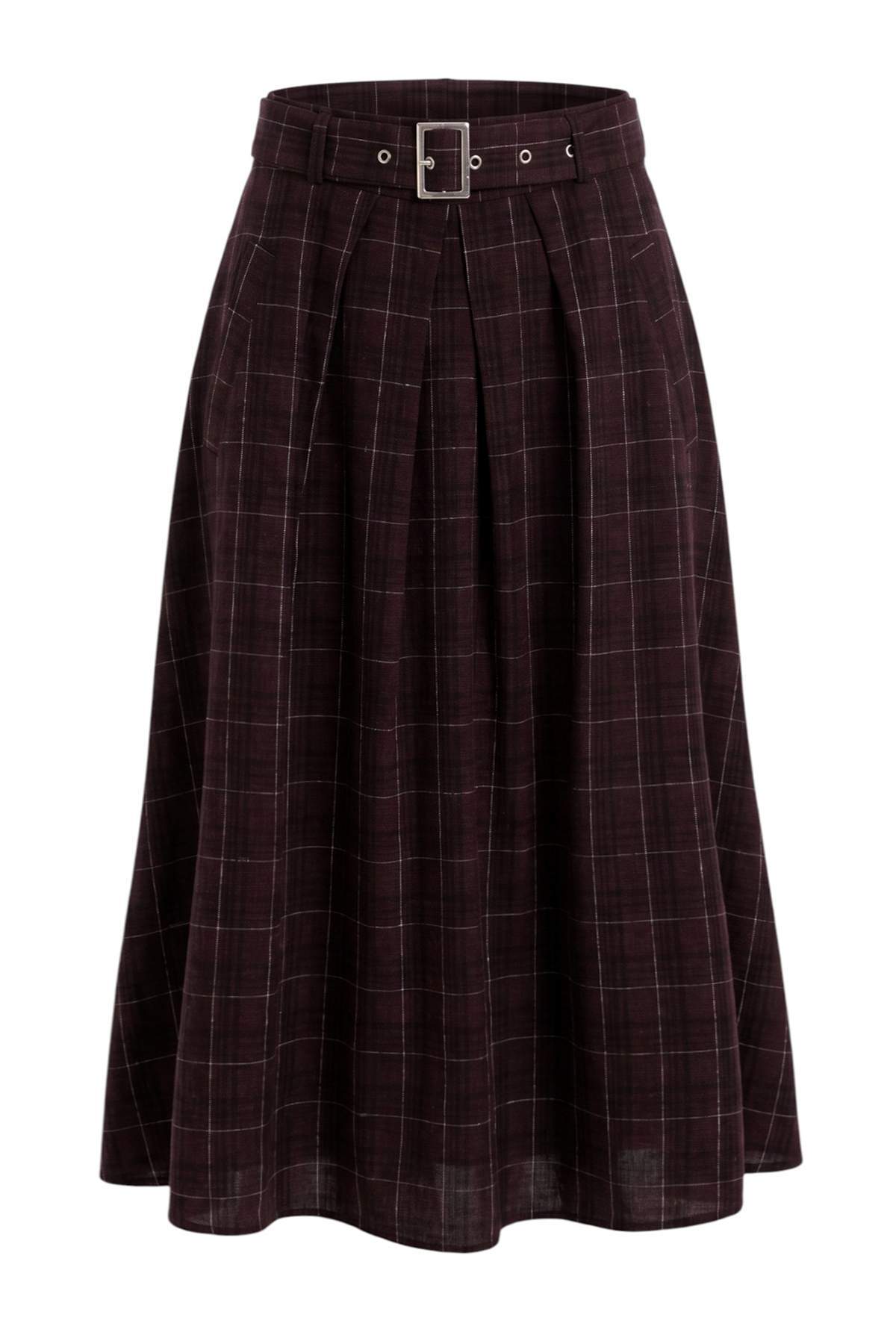 Trendyolmilla Petite Ekoseli Kemerli Midi Etek TWOAW27ET00092