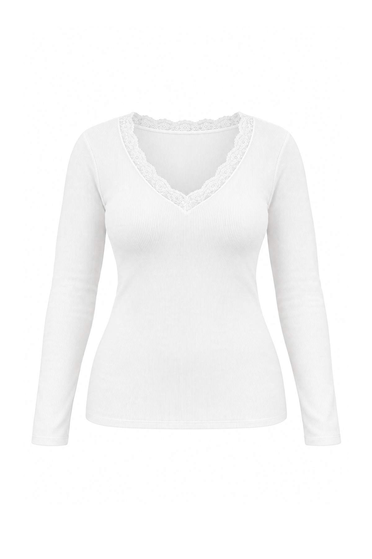 Trendyolmilla Curve Ekru V Yaka Dantel Detaylı Fitilli Fitted/Vücuda Oturan Pamuklu Esnek Örme Bluz TBBAW26AF00124