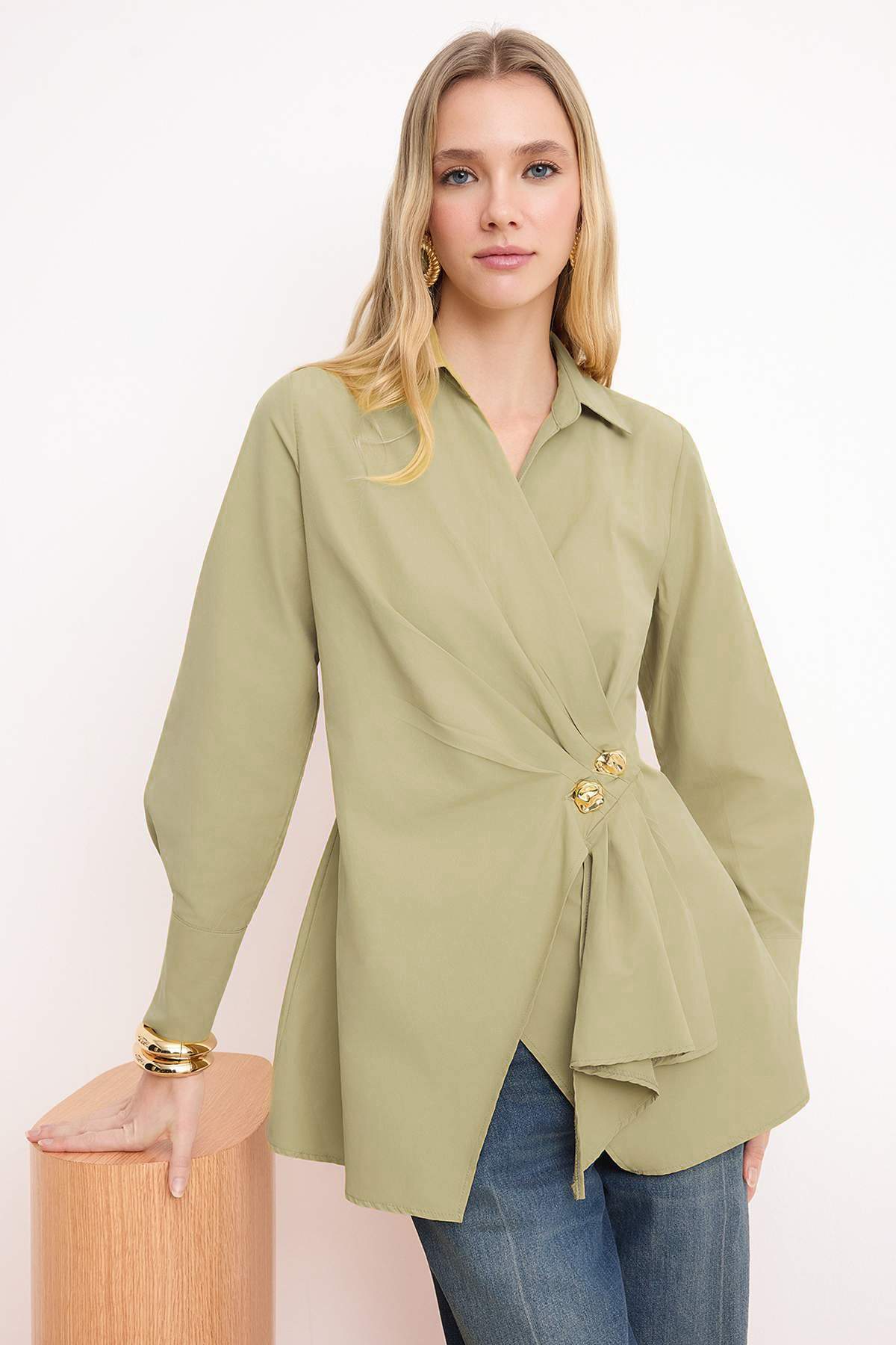 Trendyol Modest Khaki Double-Breasted Metal Accessory Detail Regular/Normal F...