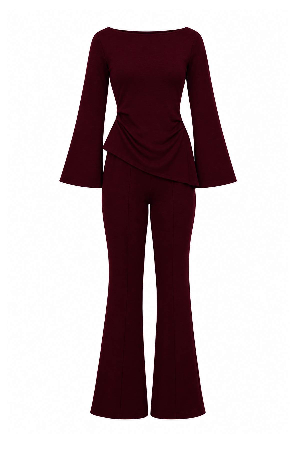 Trendyolmilla Bordo Soft/Yumuşak Dokunuşlu Fitted/Vücuda Oturan İspanyol Paça Örme Alt - Üst Takım TWOAW27AU00115