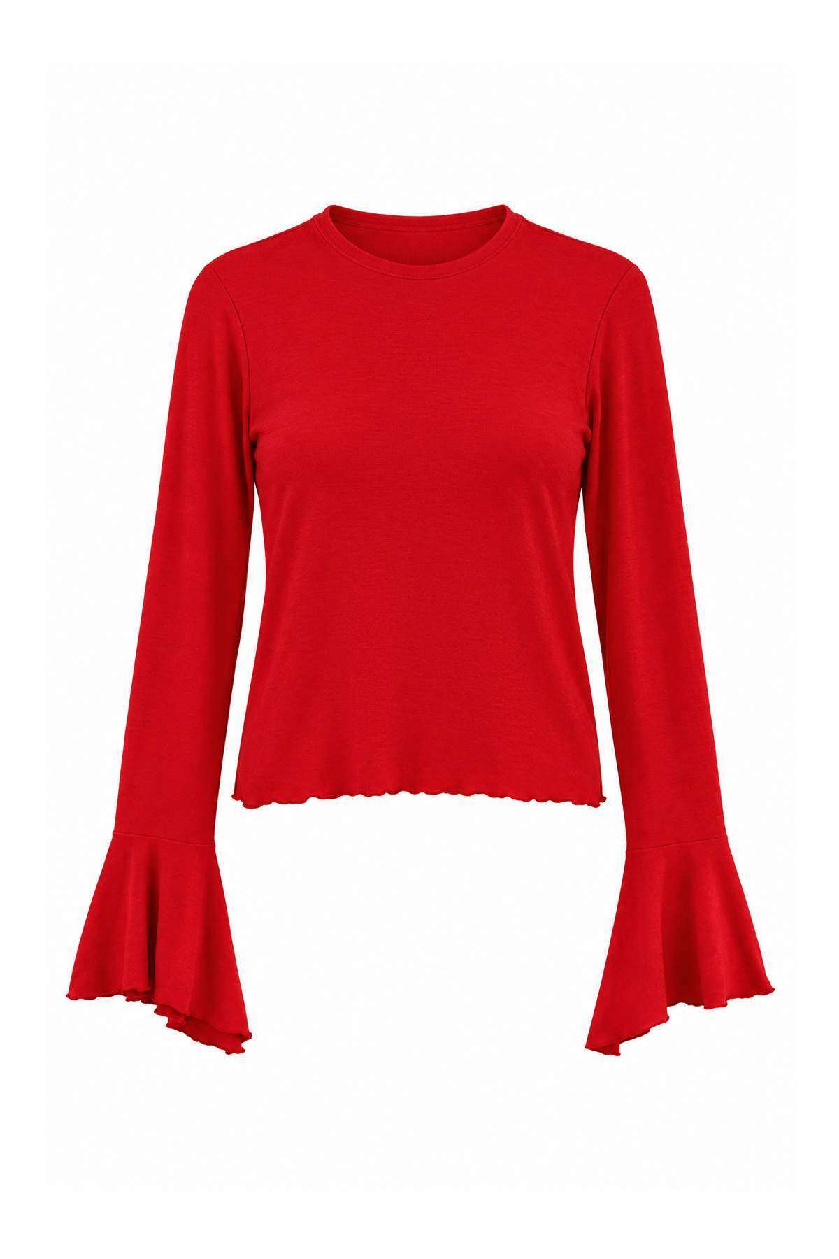 Trendyolmilla Kırmızı Fitted/Vücuda Oturan Volanlı/Fırfırlı Premium Yumuşak Örme Bluz TWOSS26BZ00152