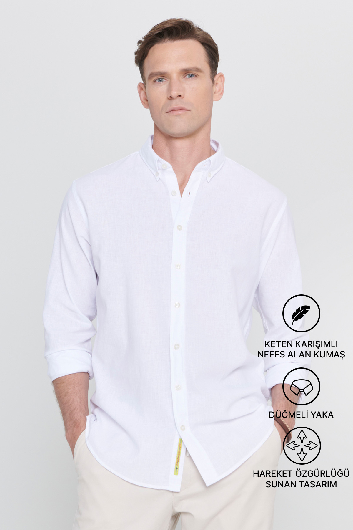 AC&Co / Altınyıldız Classics Erkek Beyaz Keten Comfort Fit Rahat Kesim Düğmeli Yaka Casual Gömlek
