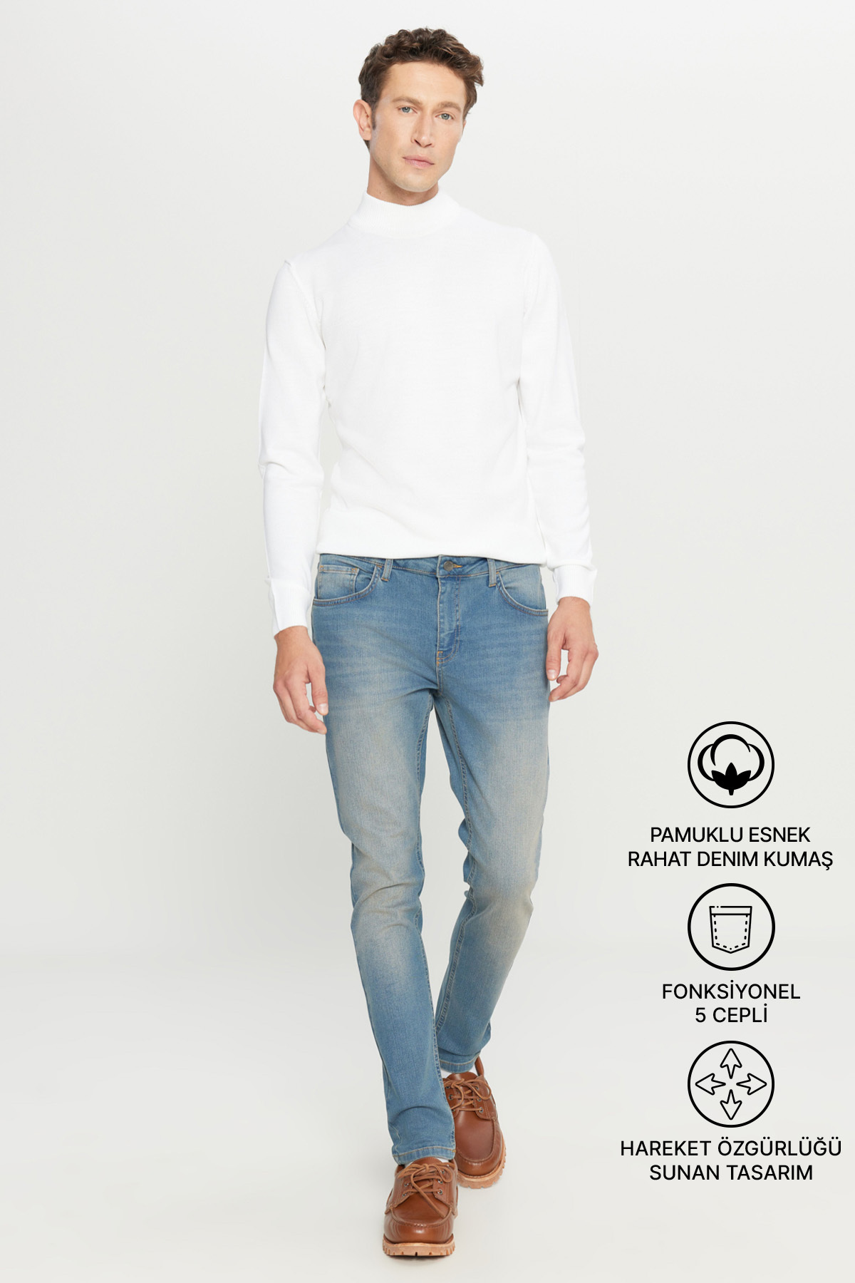 AC&Co / Altınyıldız Classics Erkek Petrol Mavisi Slim Fit Dar Kesim Pamuklu Esnek Rıss Jean Kot Denim Pantolon görsel 2