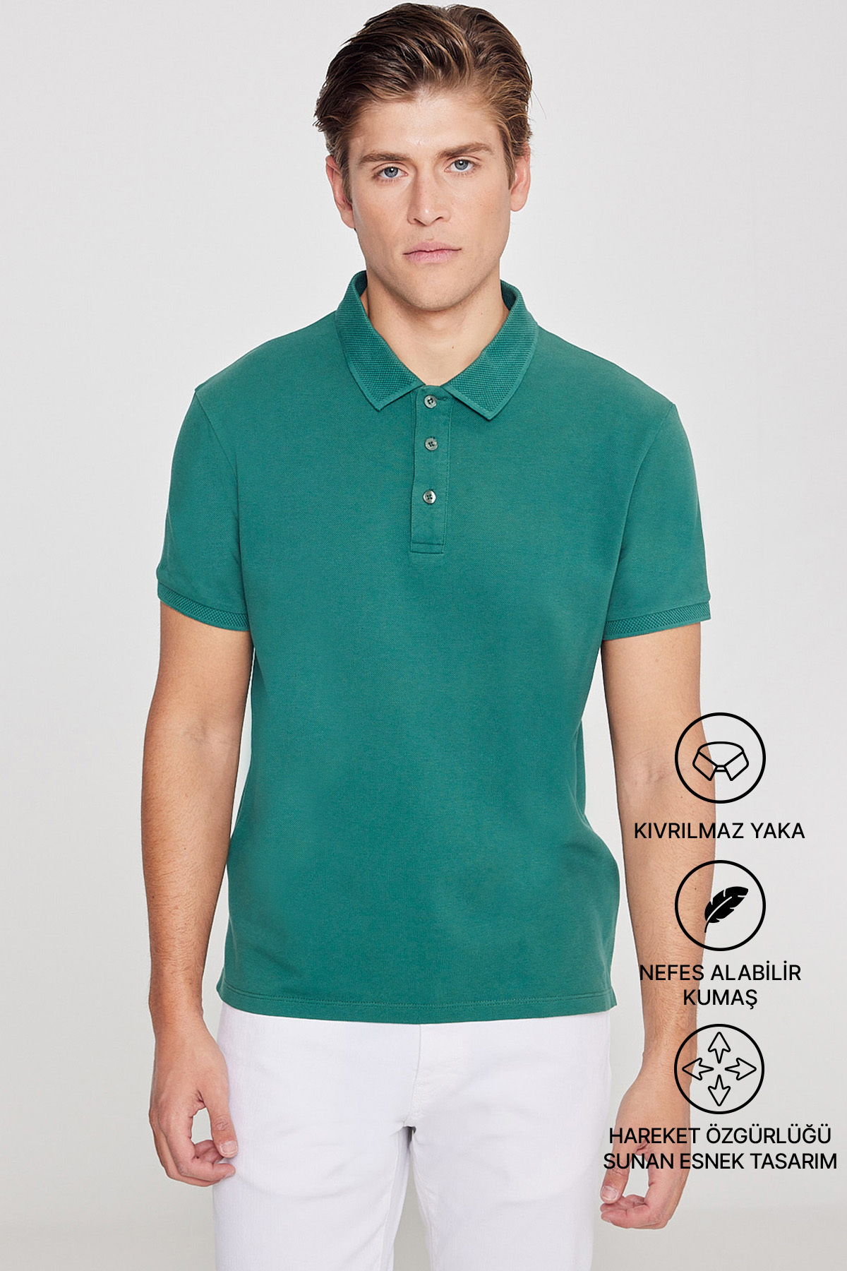 ALTINYILDIZ CLASSICS Erkek Koyu Yeşil %100 Pamuk Kıvrılmaz Pike Polo Yaka Slim Fit Dar Kesim Tişört