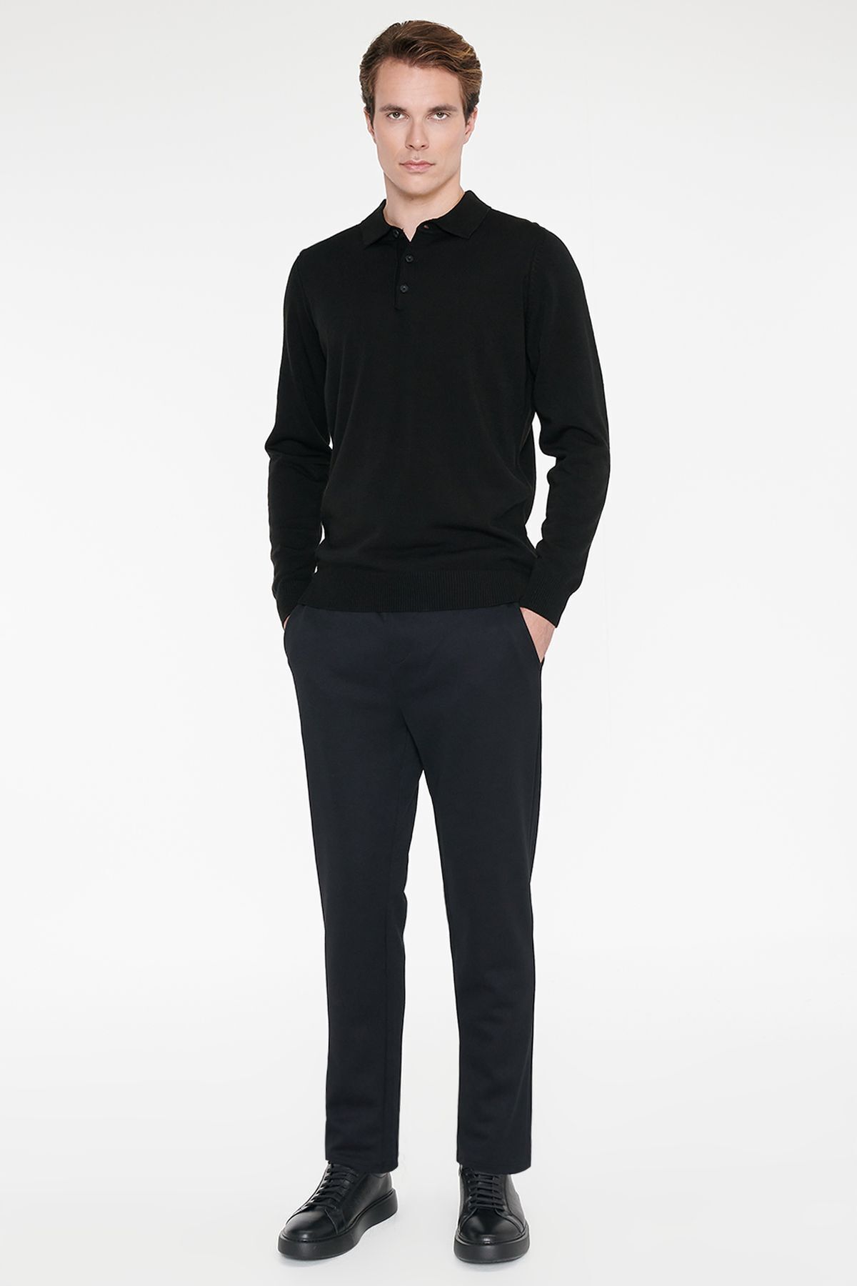 AC&Co / Altınyıldız Classics Erkek Siyah Pamuklu Esnek Beli Lastikli Diagonal Desenli Jogger Pantolon Standart Fit Normal Kesim