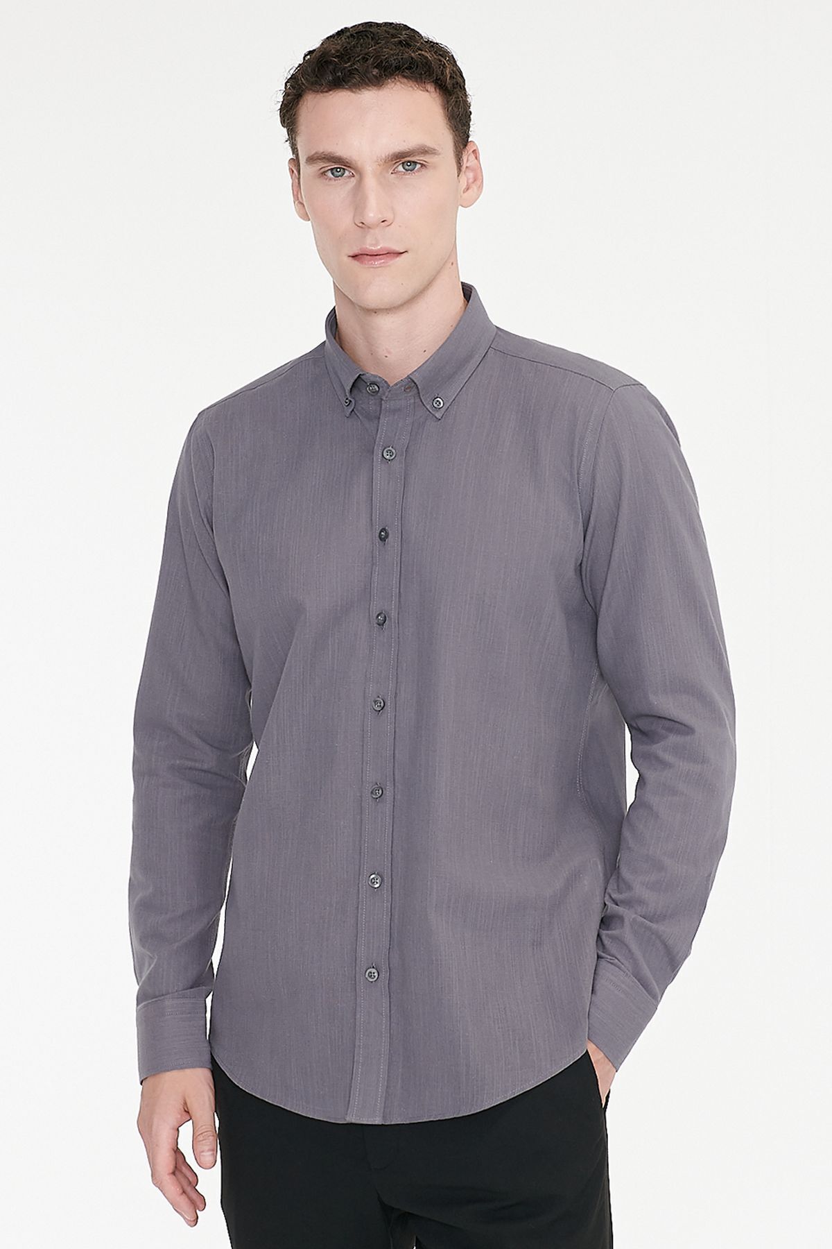 AC&Co / Altınyıldız Classics Erkek Antrasit %100 Pamuk Nefes Alabilen Terletmez Slim Fit Gömlek Flamlı görsel 4