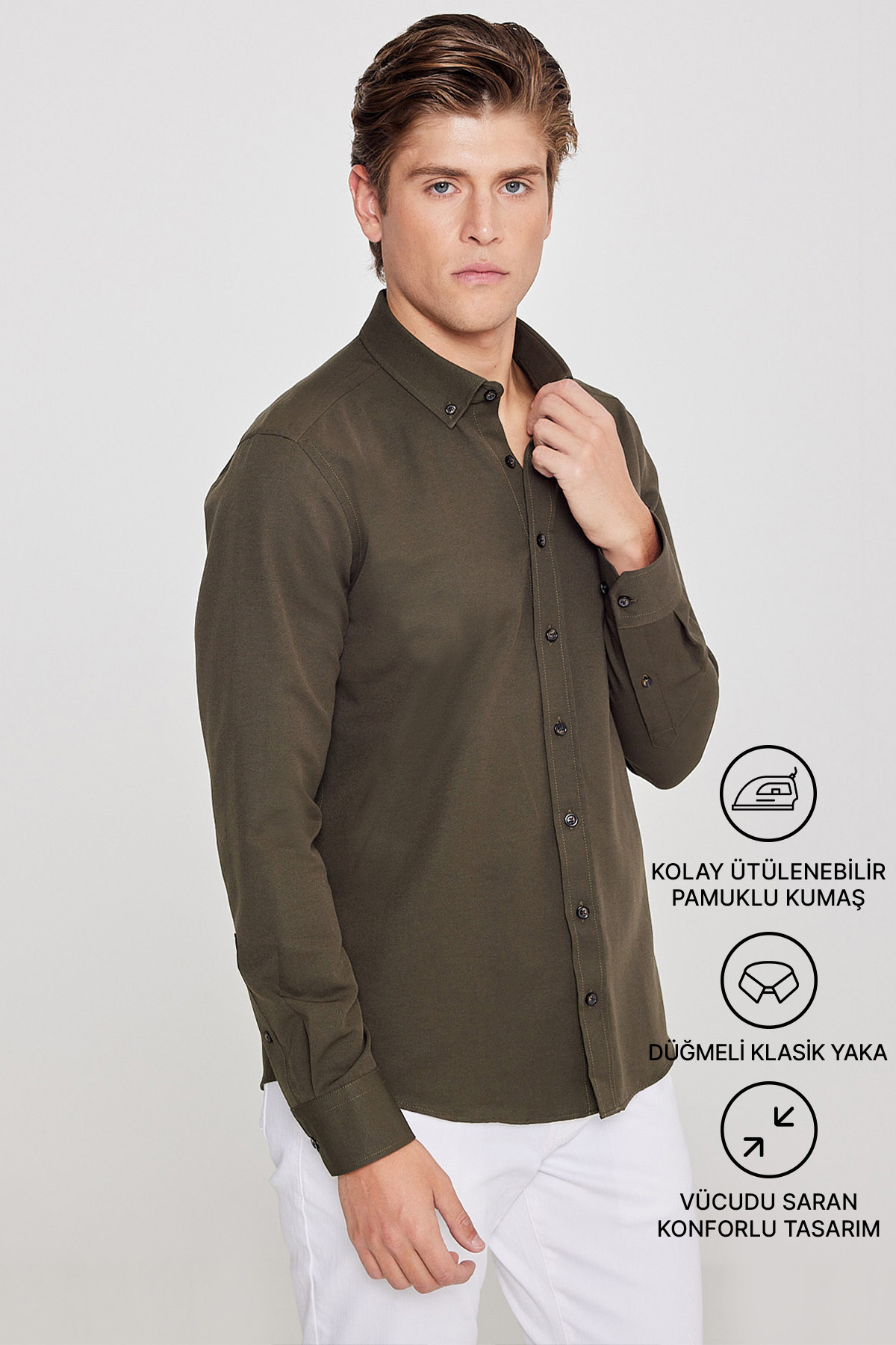 AC&Co / Altınyıldız Classics Erkek Oxford Kolay Ütülenebilir Pamuklu Terletmez Gömlek Haki Düğmeli Yaka Slim Fit Dar Kesim görsel 7