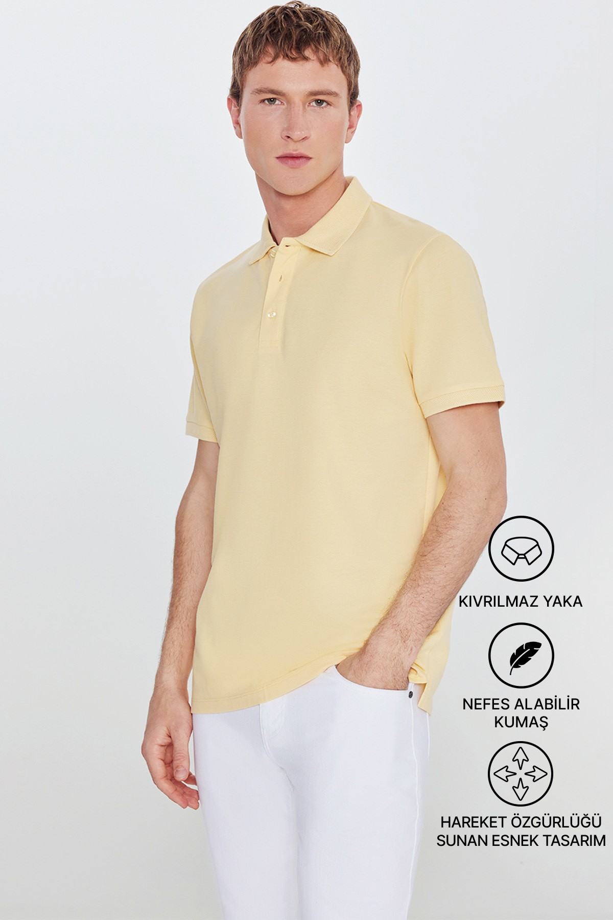 ALTINYILDIZ CLASSICS Erkek Sarı %100 Pamuk Kıvrılmaz Pike Polo Yaka Slim Fit Dar Kesim Tişört görsel 2
