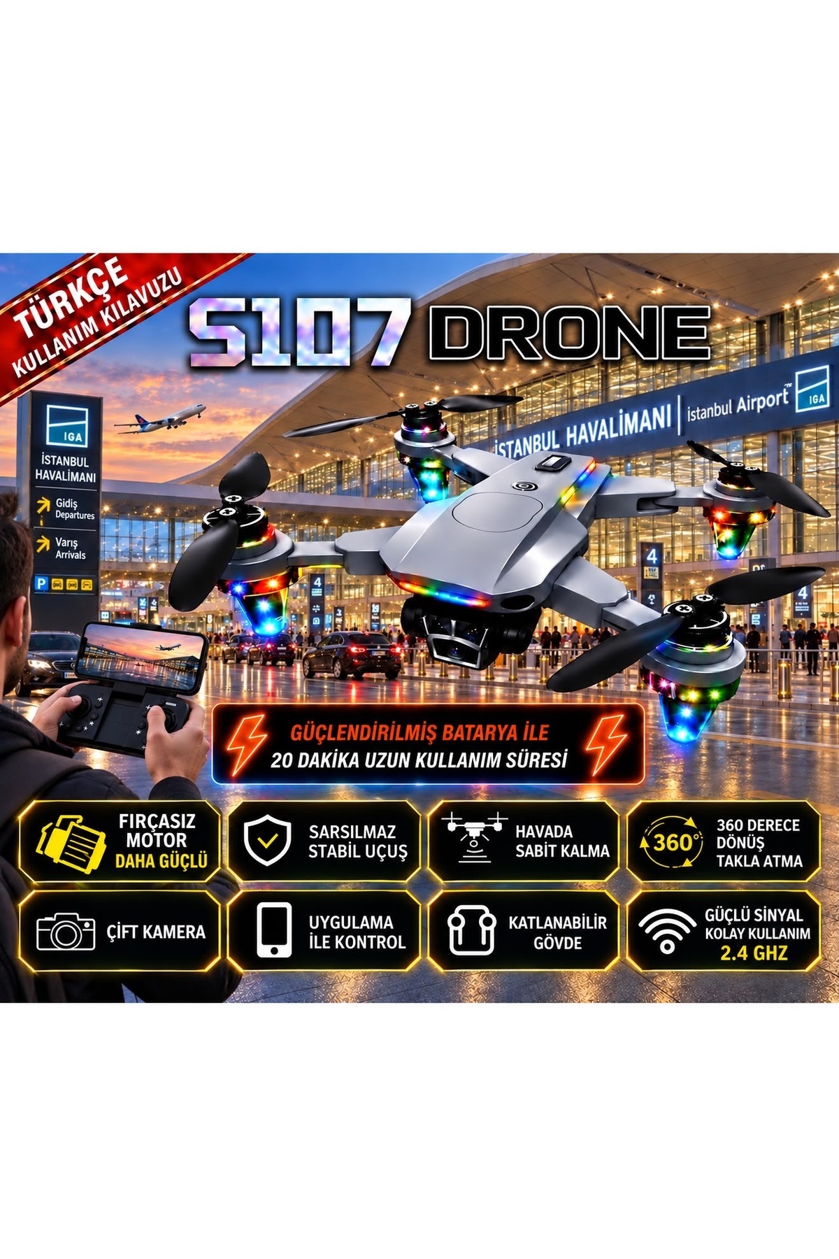 ROSE TEKNOLOJİ S107 KATLANABİLİR FIRÇASIZ MOTOR VE OPTİK AKIŞ KONUMLANDIRMALI 2 KAMERALI FPV CANLI GÖRÜNTÜ 2 BATARYALI VE TAŞIMA ÇANTALI DRONE ( Tablet Standı Hediyeli )