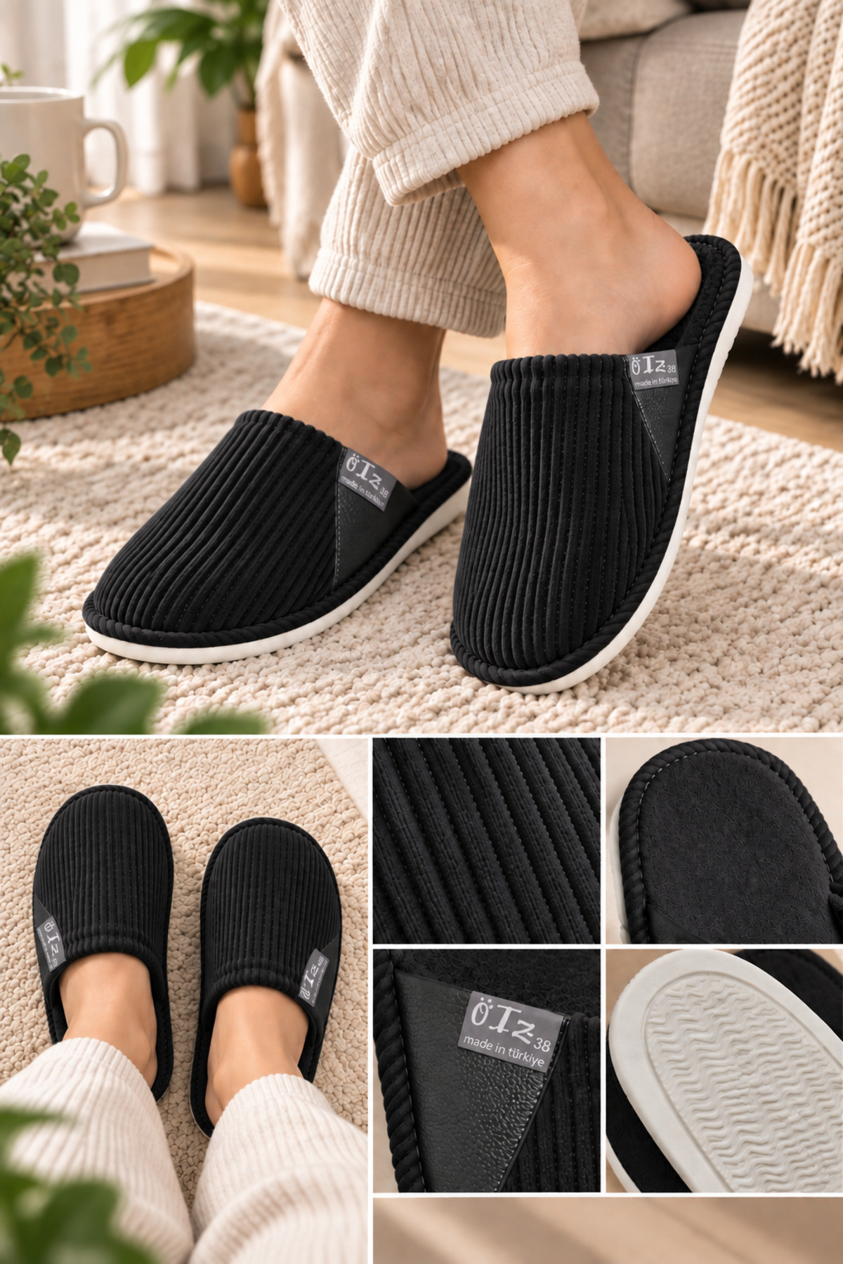 Slipcat Unisex Ev Terliği Kaymaz Tabanlı Ribana Kumaş Konforlu Model Şık ve Konforlu Ev İçi Terlik Yarı Der görsel 2