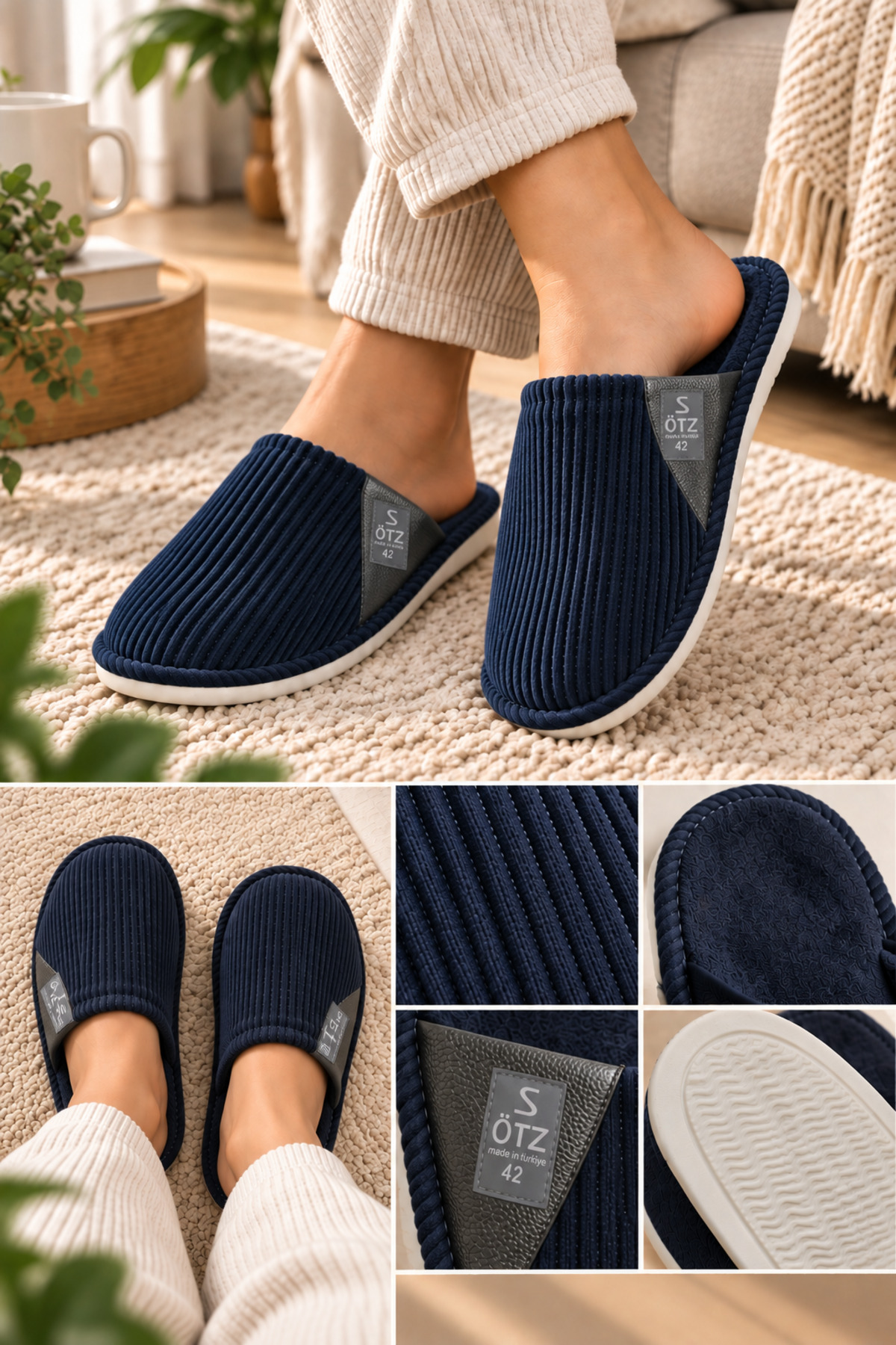 Slipcat Unisex Ev Terliği Kaymaz Tabanlı Ribana Kumaş Konforlu Model Şık ve Konforlu Ev İçi Terlik Yarı Der görsel 2