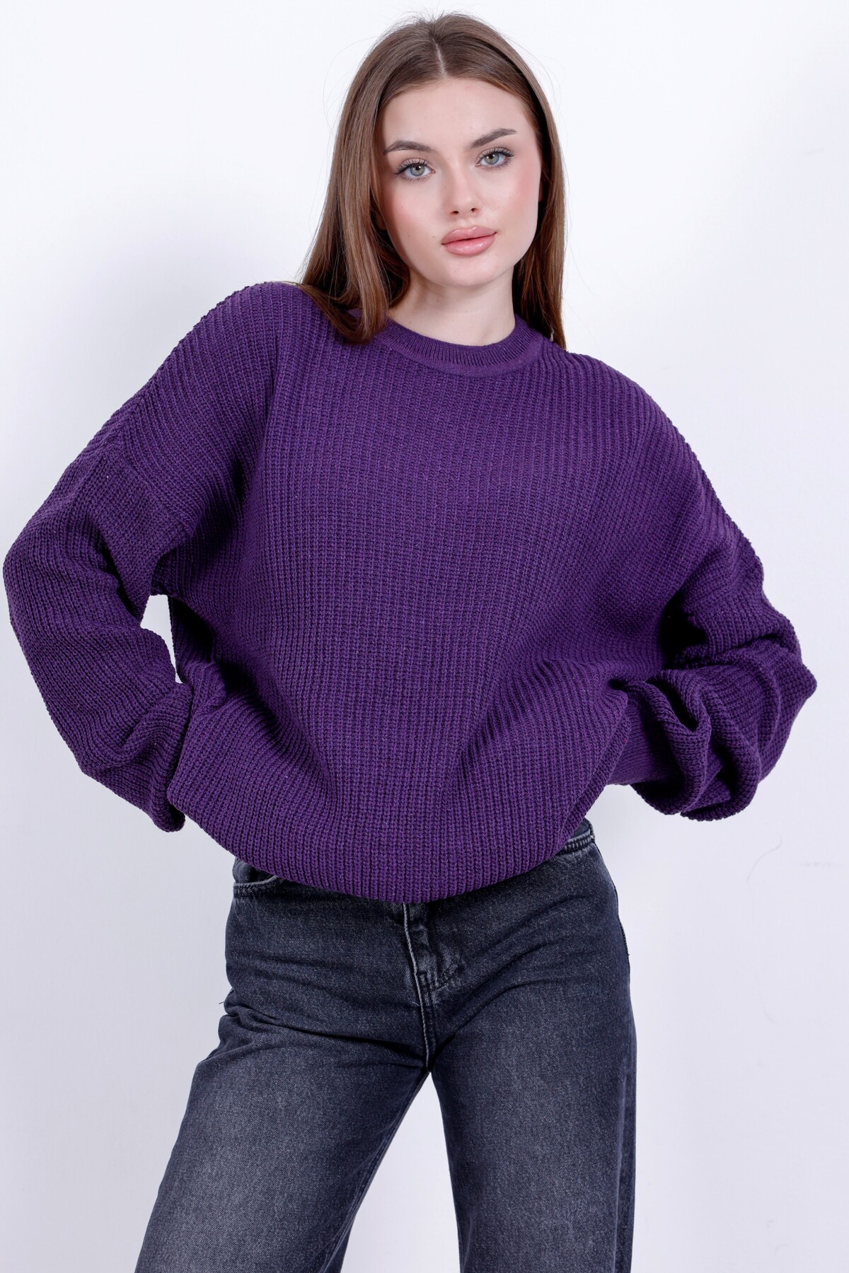 Kırlangıç Moda Mor Oversize Bisiklet Yaka Kadın Triko Kazak