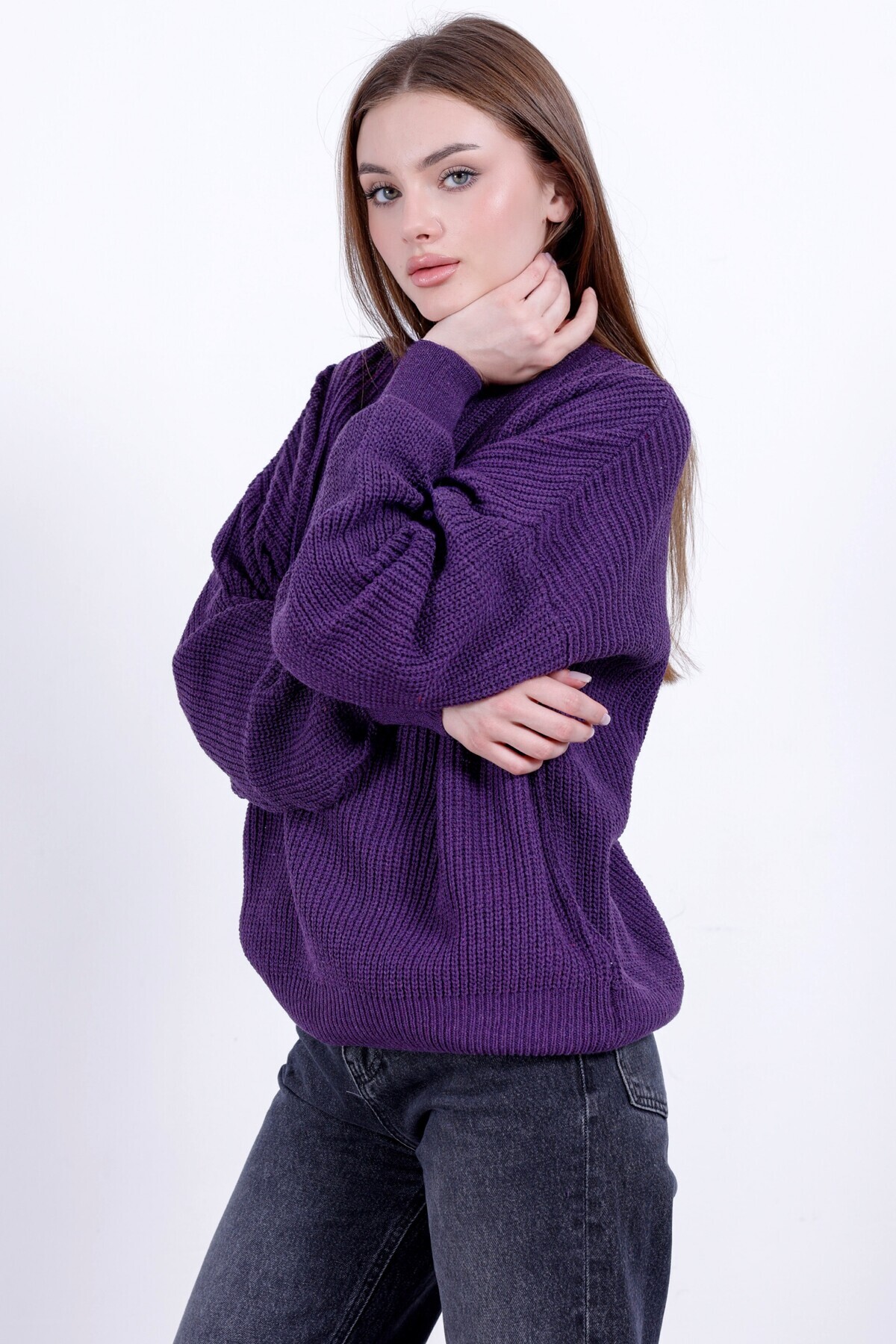 Kırlangıç Moda Mor Oversize Bisiklet Yaka Kadın Triko Kazak görsel 4