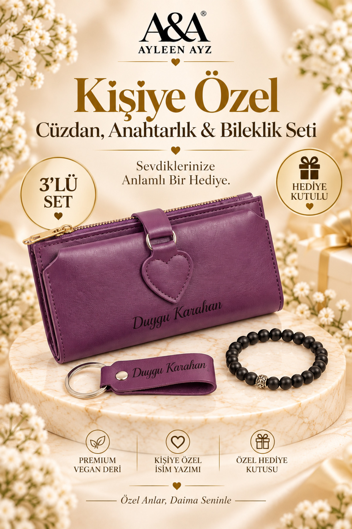 Ayleen Ayz Kişiye Özel İsim Baskılı Mor Kadın Cüzdan Deri Anahtarlık ve Oniks Doğal Taş Bileklik Hediye Seti