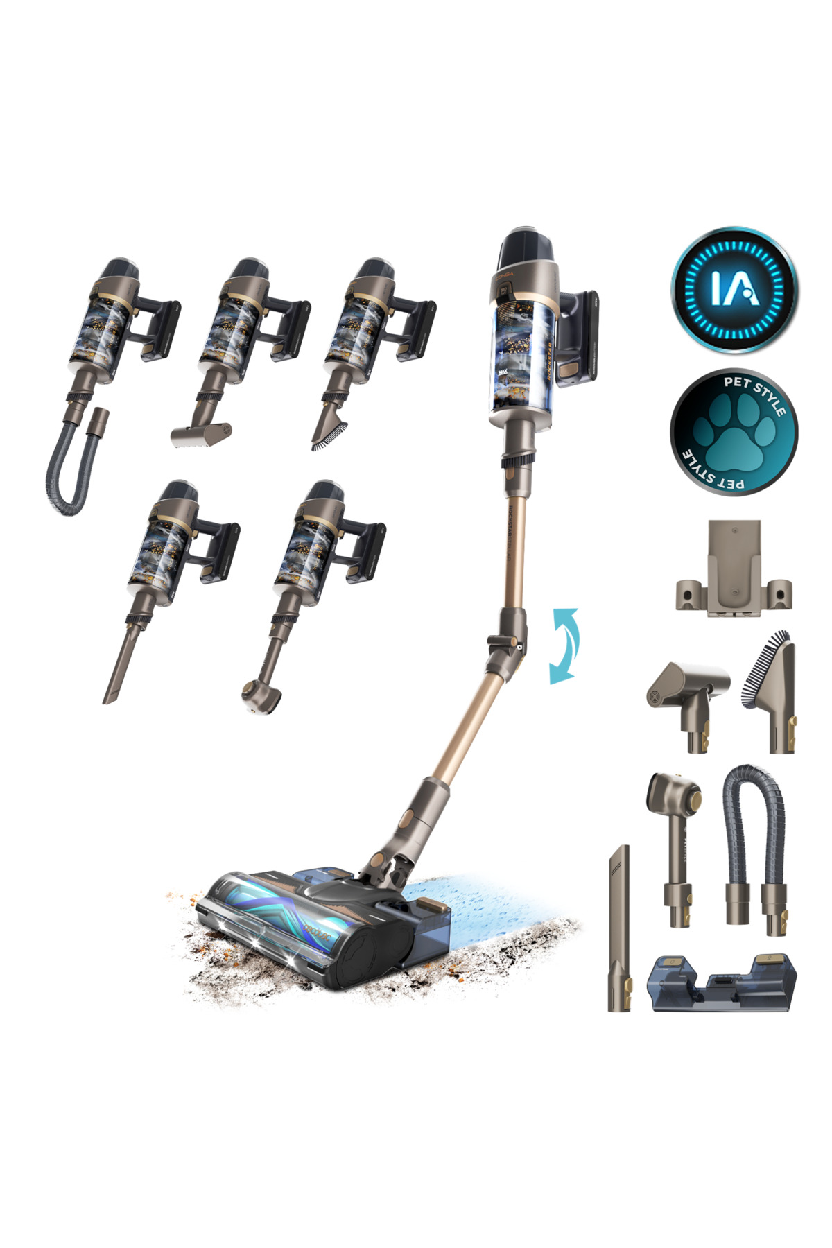 CECOTEC Conga Rockstar RX90 AI AquaPet Flex Dikey Şarjlı Süpürge – 350 AW Emiş Gücü, 850 W Motor Gücü, 100 Dakika Çalışma Süresi, Yapay Zekâ, Dolaşma Önleyici Tüy Fırçası, Esnek Boru ve Tam Aksesuar Seti