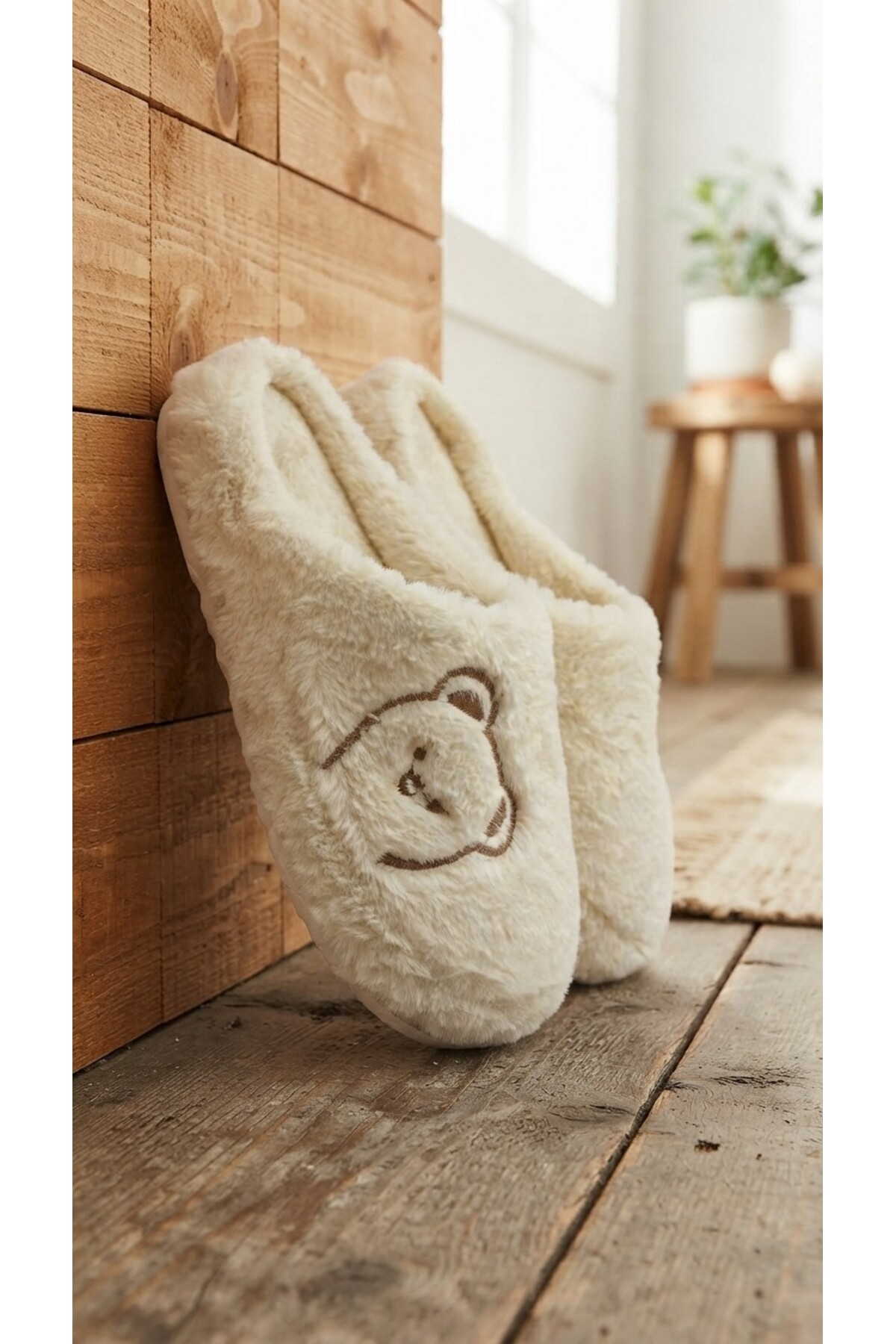 Moda Frato FLUFFY Ayıcık Desenli Kadın Ev Terliği Kışlık Yünlü Terlik Ses Yapmayan İçi Yünlü Günlük Rahat Terlik görsel 2