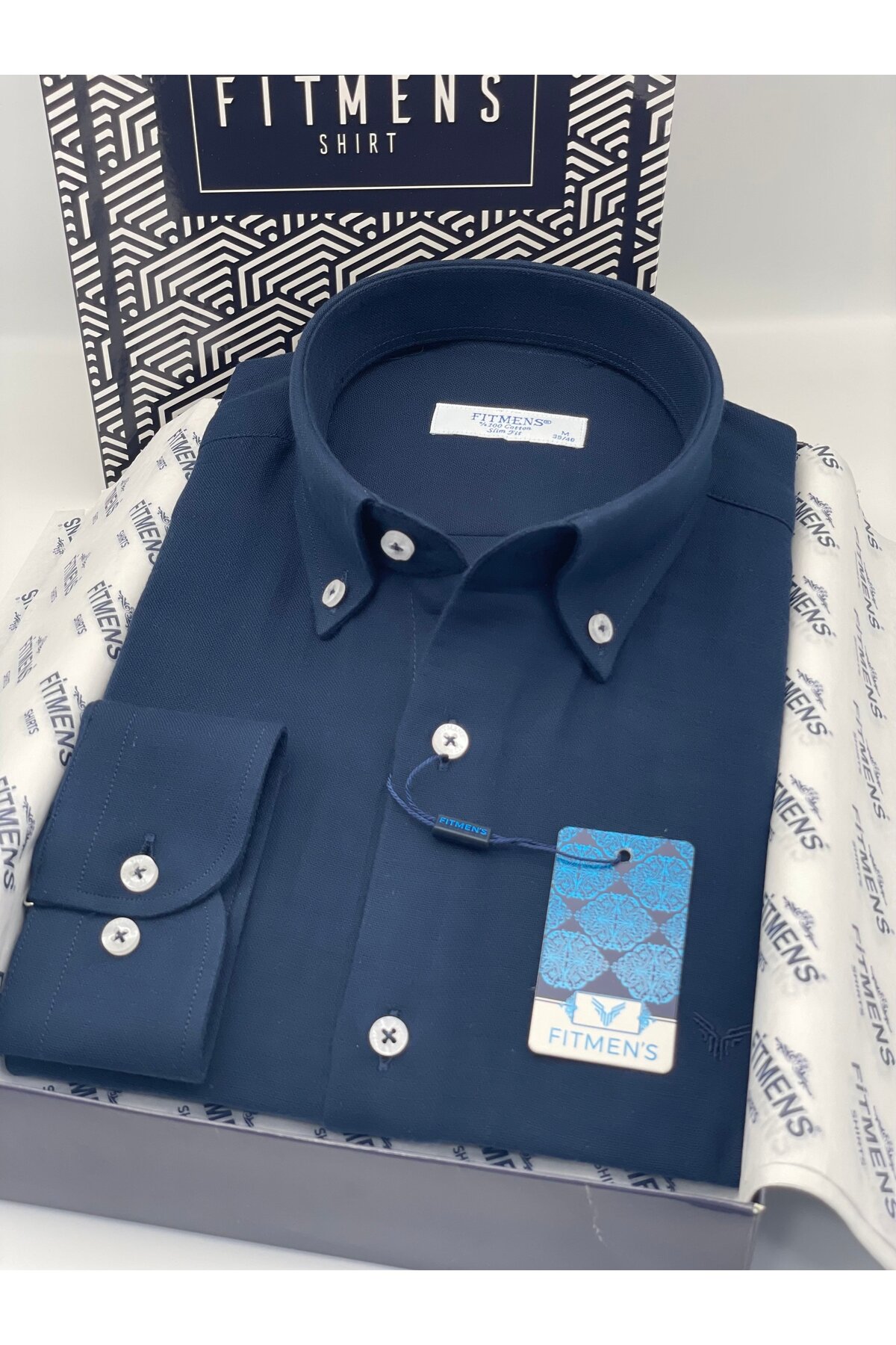 Slim Fit Uzun Kol Müslin Pamuk Rahat Nefes Alabilen Kumaştan Yaka Düğmeli Hediye Kutulu Erkek Gömlek — سرمه‌ای FS-004202 — تصویر 6 از 7