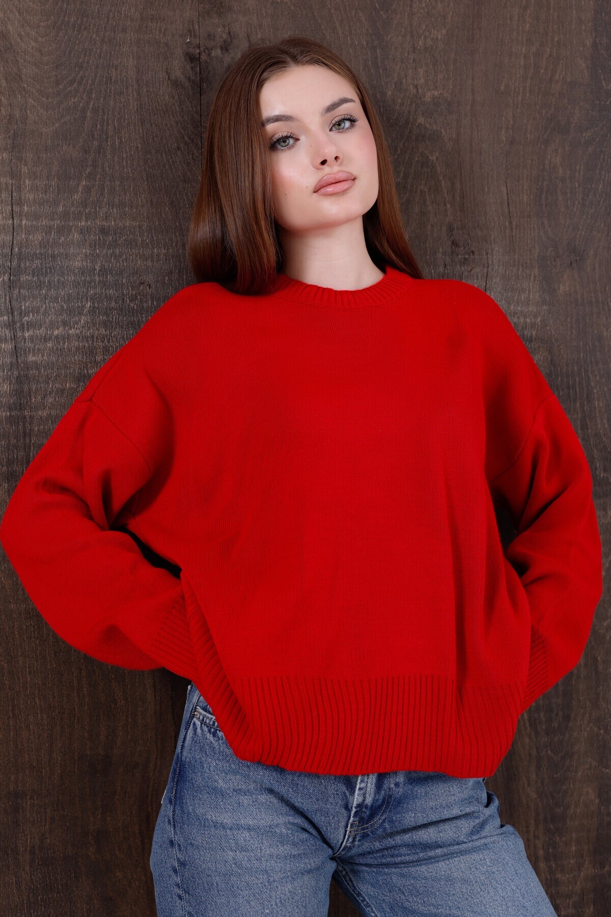 Kırlangıç Moda Kırmızı Oversize Bisiklet Yaka Kadın Triko Kazak görsel 6