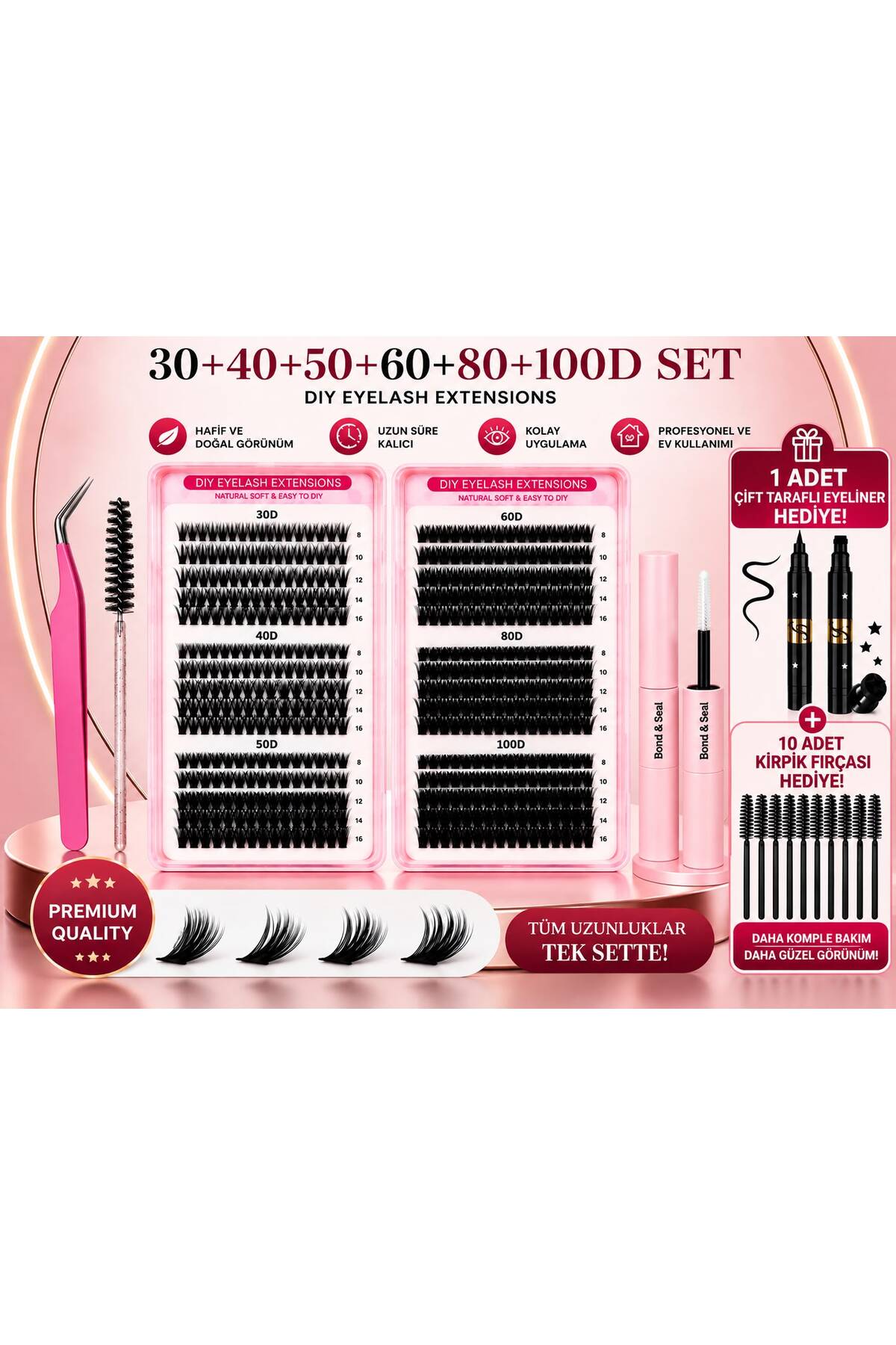 HaLVeY Takma Kirpik 600 Adet Kirpik Seti 30-40-50-60-80-100D Farklı Boylar ( Ürün İle Birlikte Çift Taraflı Eyeliner Hediye Gönderilecektir )