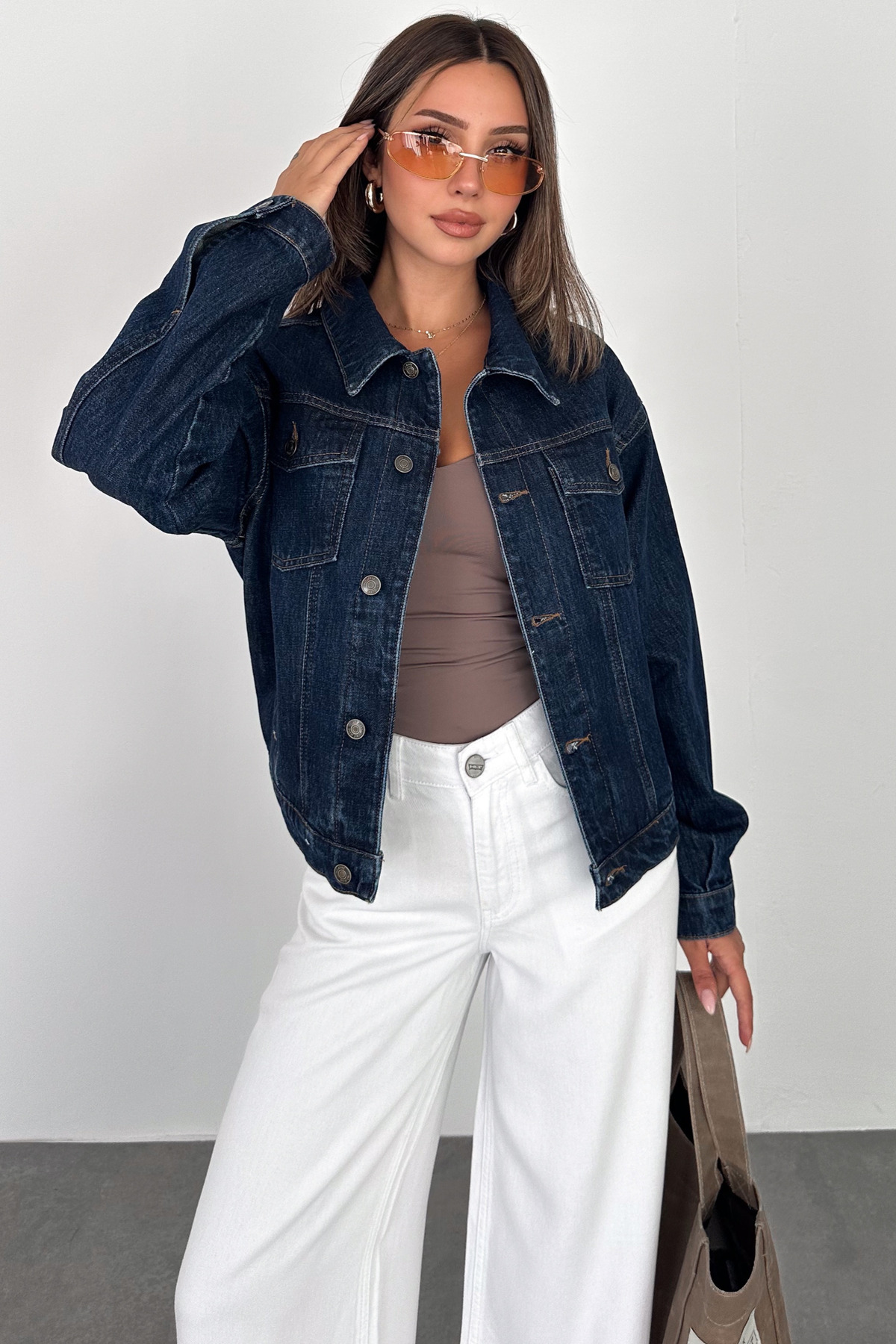 HLT JEANS Kadın Koyu Mavi Jean Denim Oversize Kalıp Beli Lastikli Cepli Düğmeli Kot Ceket LARA-5009 görsel 3