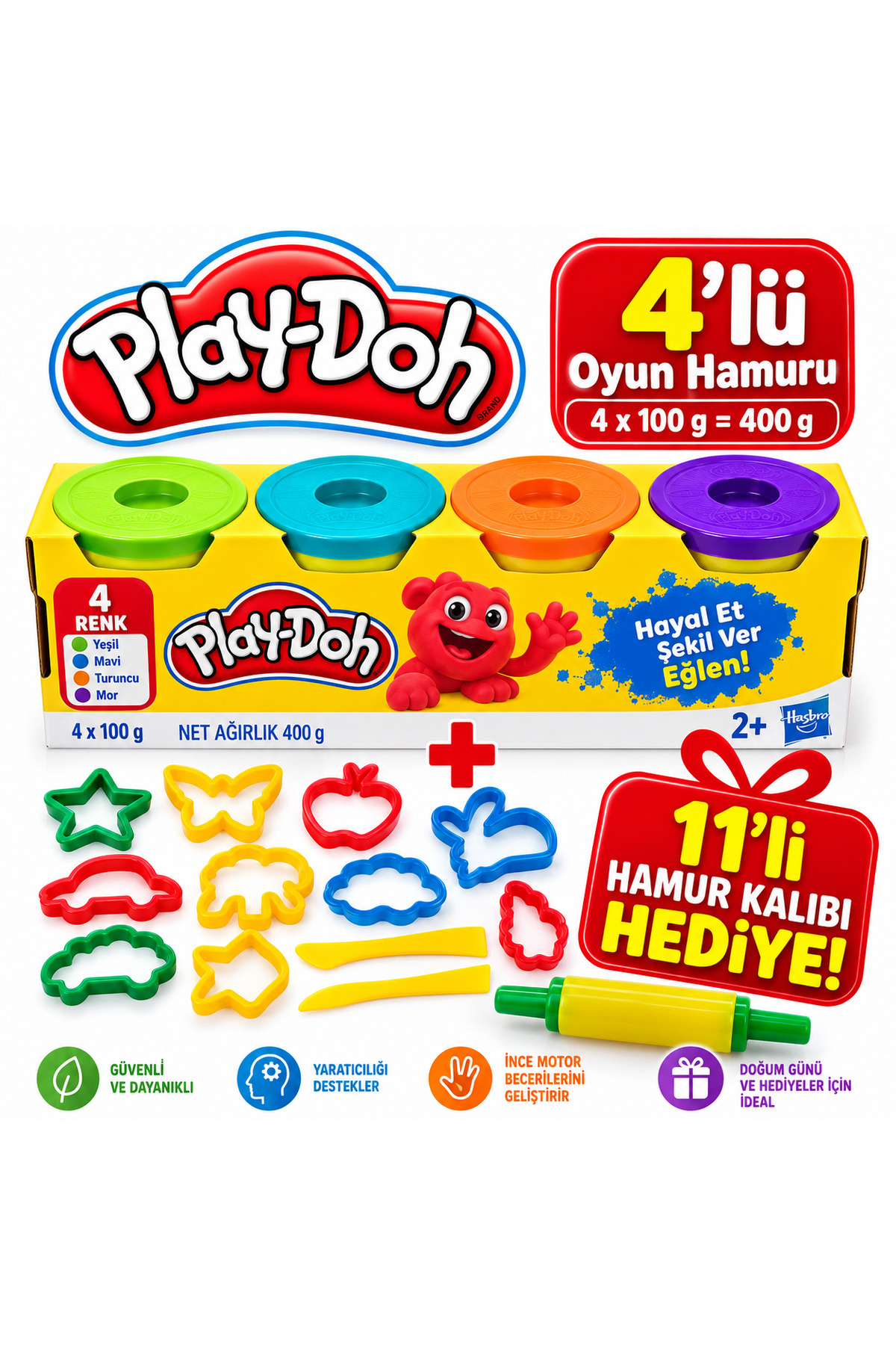 Play Doh Play-Doh 4 Renk KARIŞIK Oyun Hamuru 448 gr – 11 Parça Hamur Kalıbı ve Merdane Hediyeli Eğitici Oyun Seti