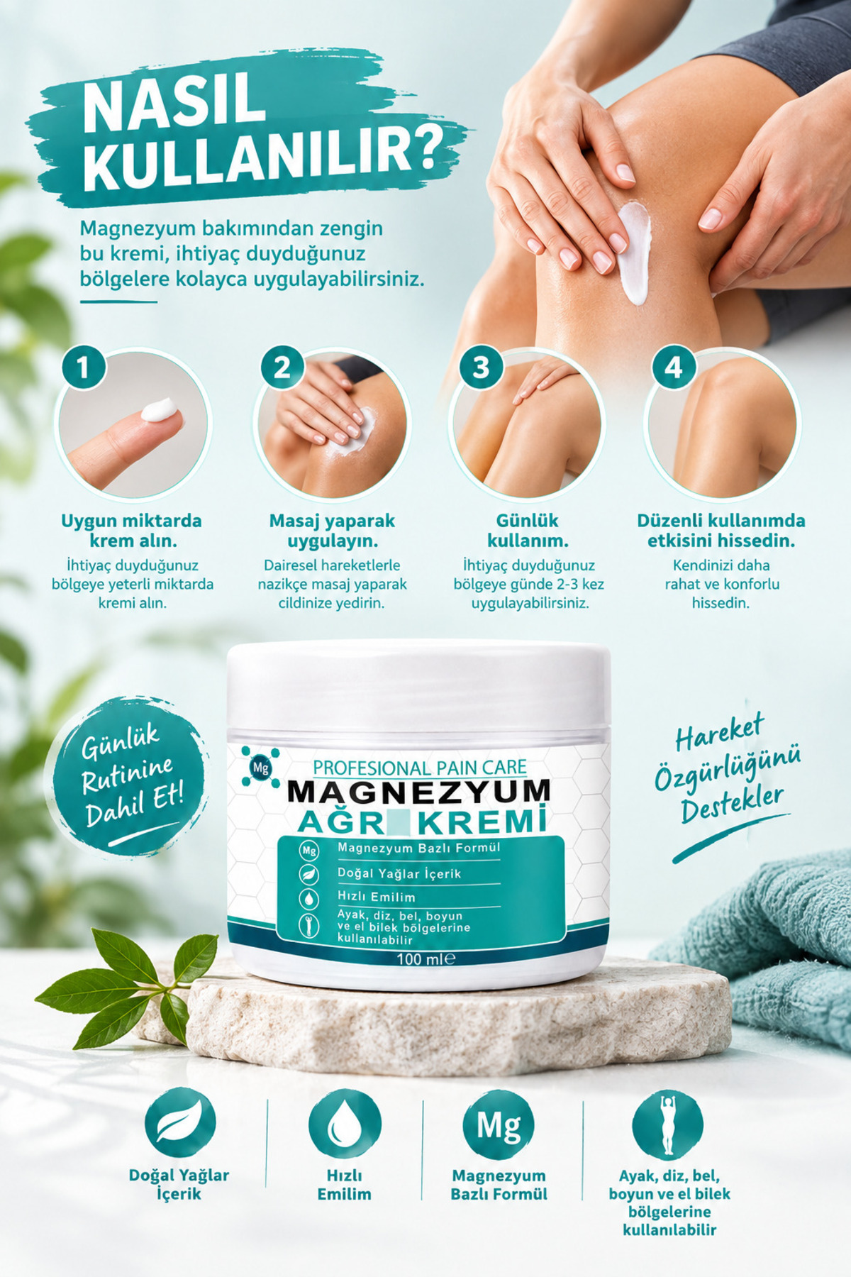 Magnezyum İçerikli Doğal Hareket Konforunu Destekleyen Ağrı Giderici Rahatlatıcı Masaj Kremi 100 ML — Magneyzumlu Vücut Ağrısı Giderici Krem — تصویر 2 از 6
