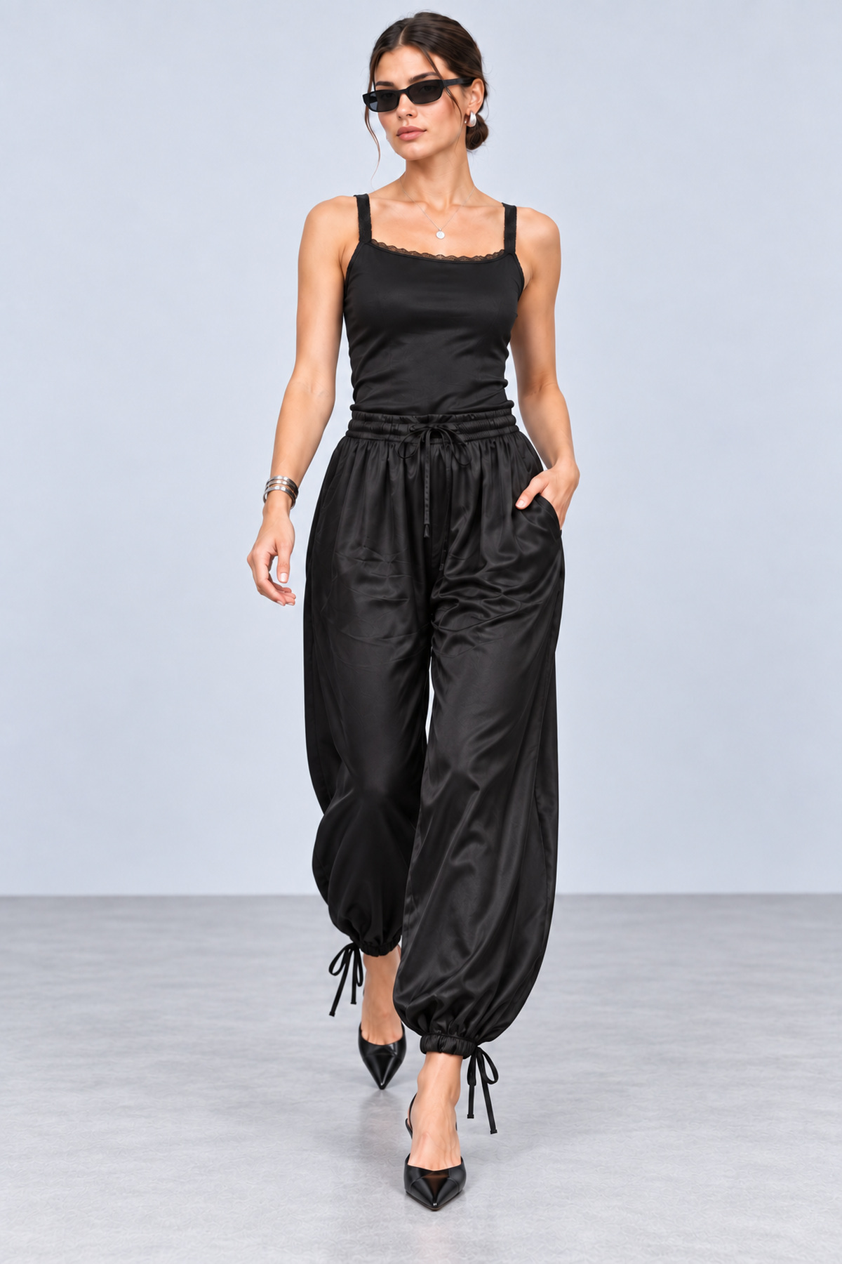 FAARKCOLLECTİON Livia İpeksi Dokulu Premium Floş Saten Şalvar Pantolon görsel 2