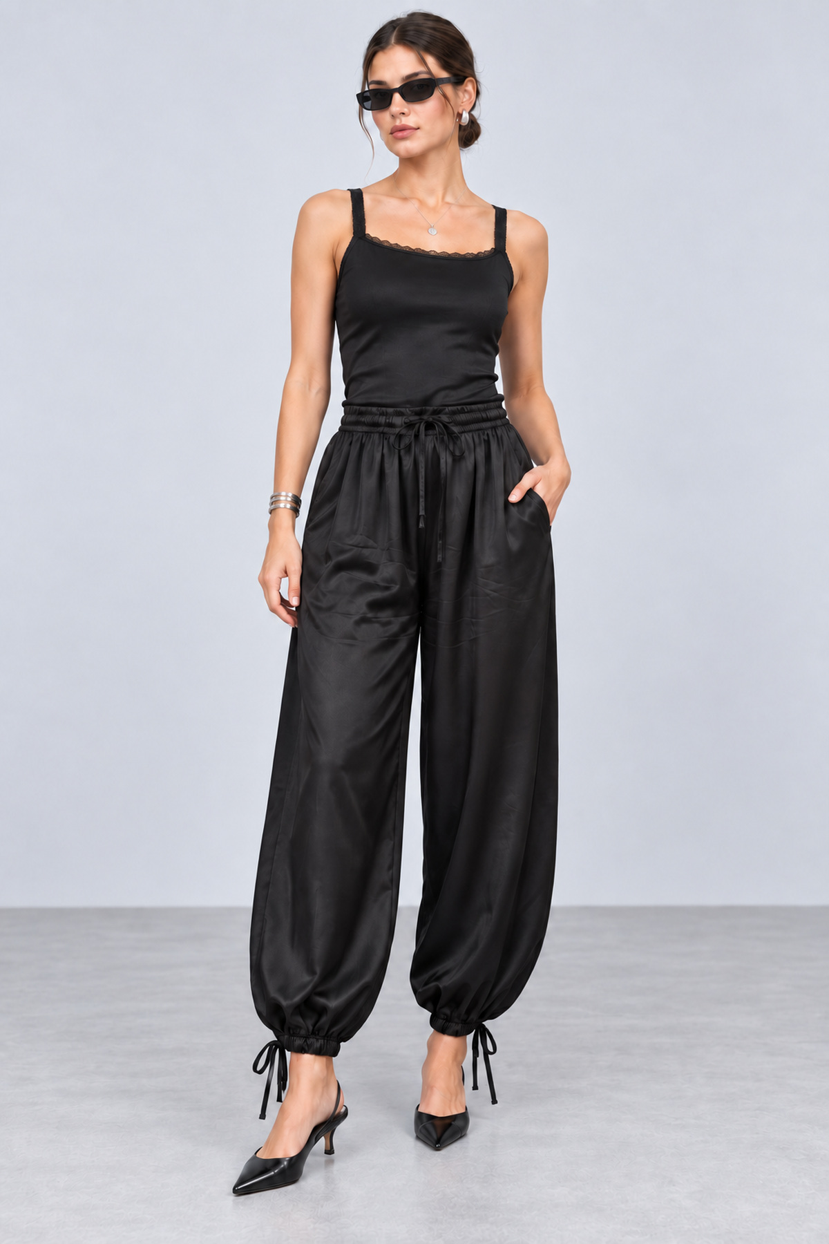 FAARKCOLLECTİON Livia İpeksi Dokulu Premium Floş Saten Şalvar Pantolon görsel 4