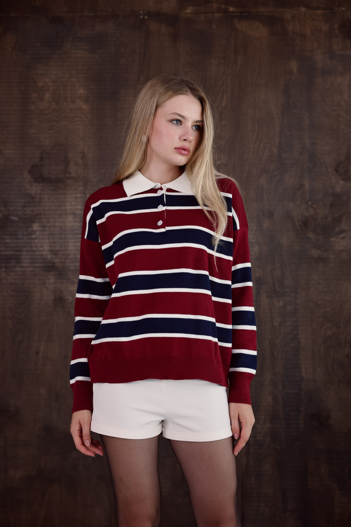 MODASPARK Bordo Çizgili Polo Yaka Düğmeli Kadın Triko Kazak görsel 6