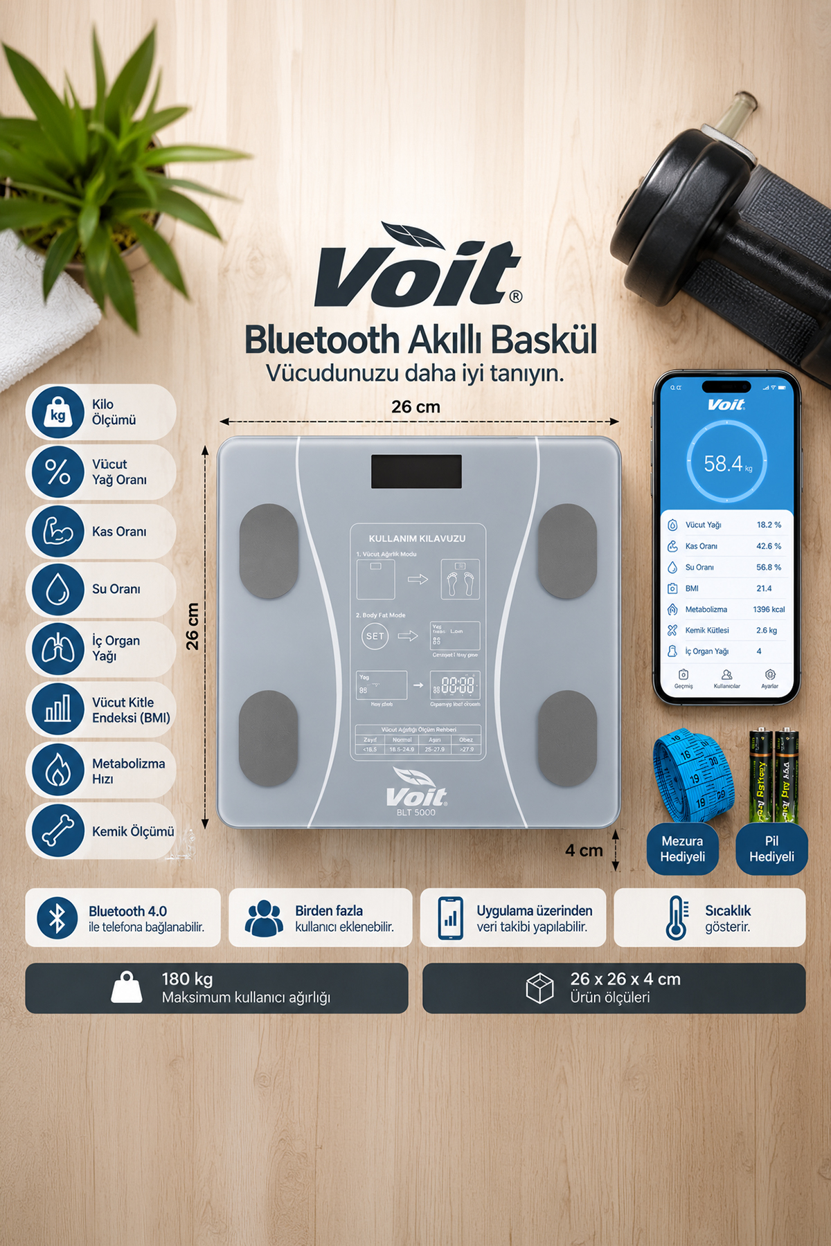 Voit Akıllı Bluetooth Dijital Baskül - Yağ Ölçer - Vücut Analizi-Yağ Su Kas Vücut Kitle Endeksi Kilo Ölçer Tartı